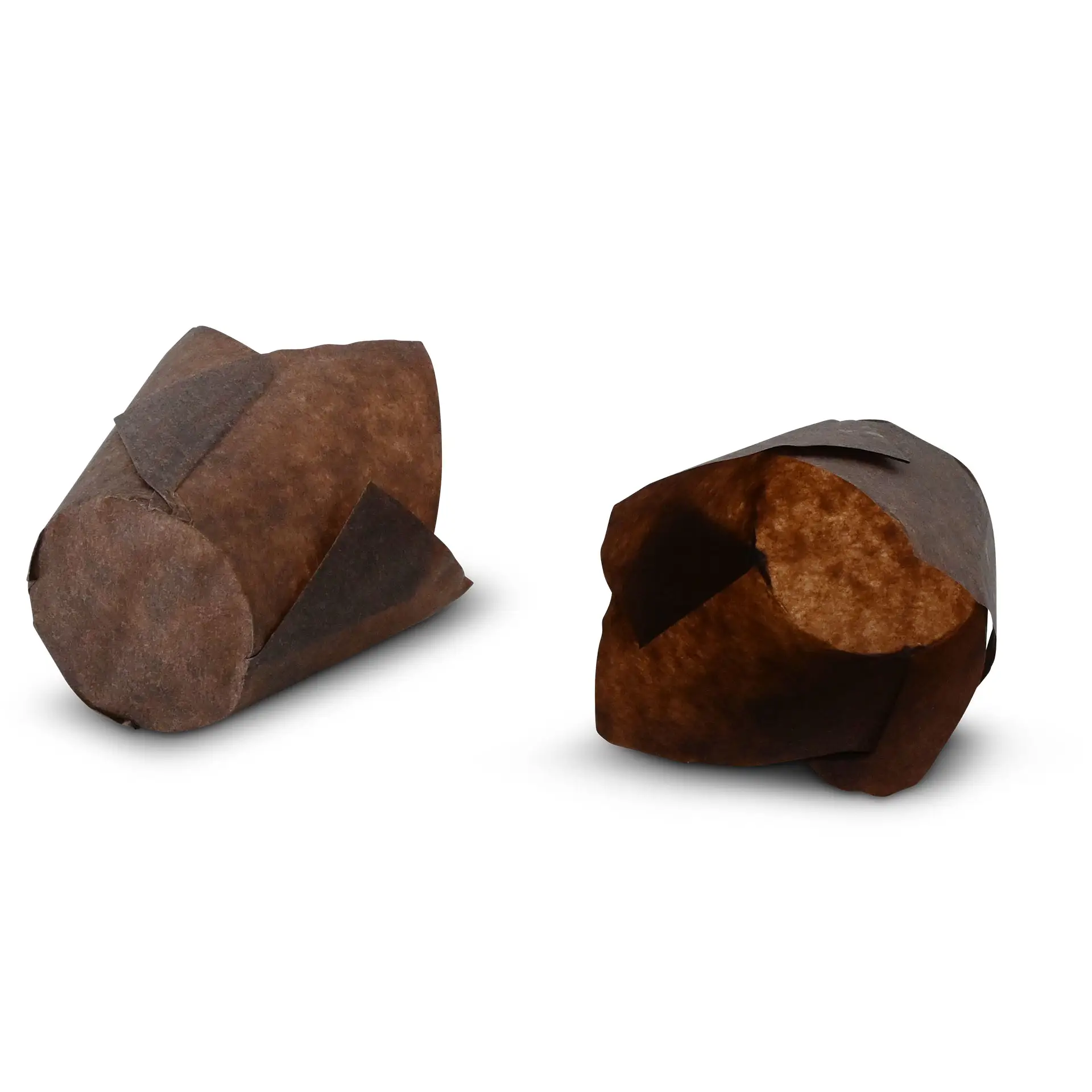 Due cup di carta anti-grasso marroni con parte superiore aperta, adatte per cuocere muffin e cupcake.