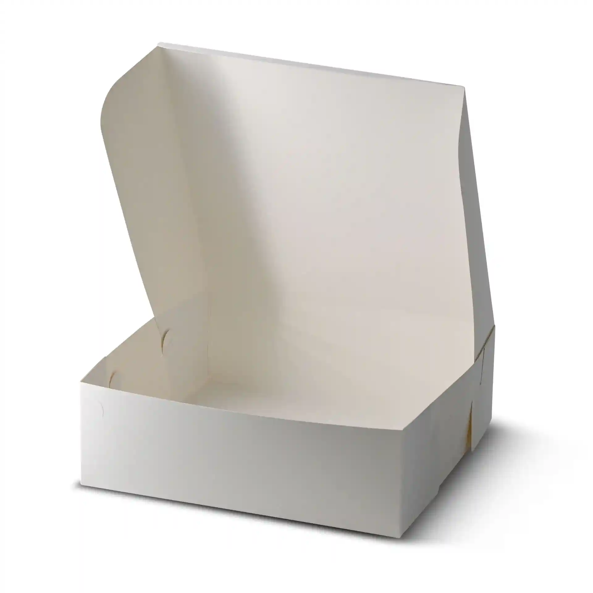Scatola per torte bianca con coperchio aperto, misura 30,5 x 30,5 x 10 cm.