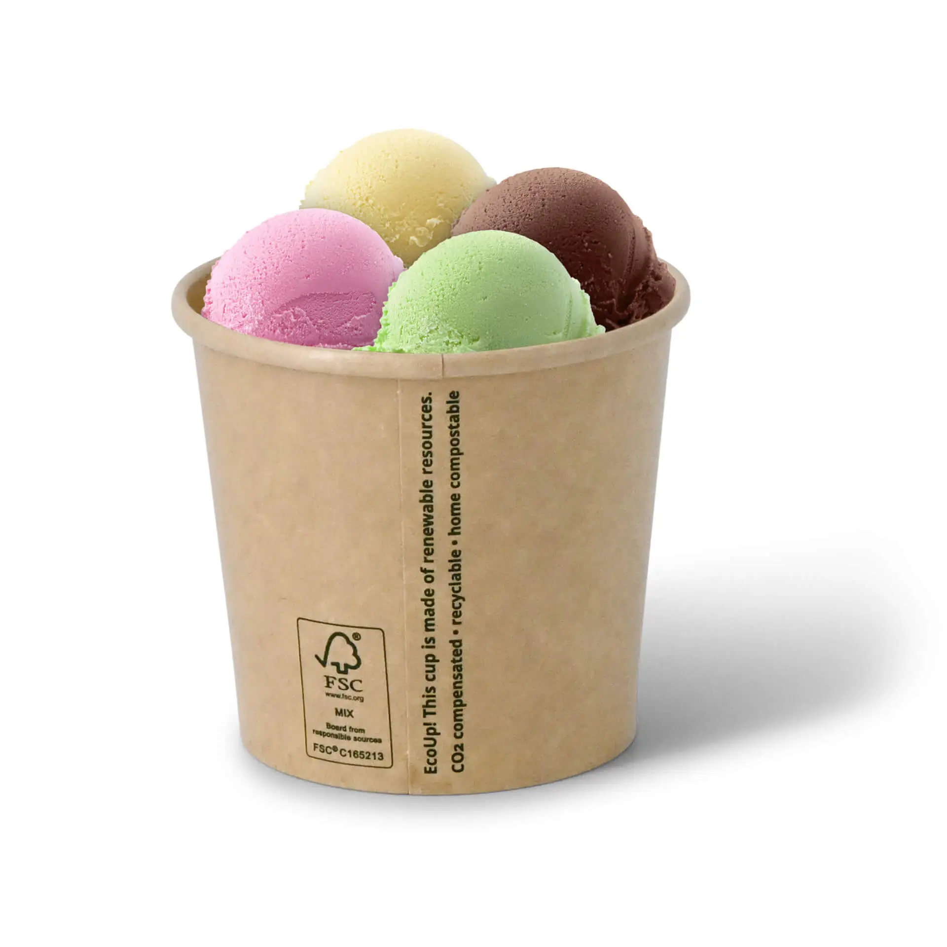 Un contenitore di carta marrone riempito con quattro palline di gelato dai gusti diversi: cioccolato, fragola, melone e menta.