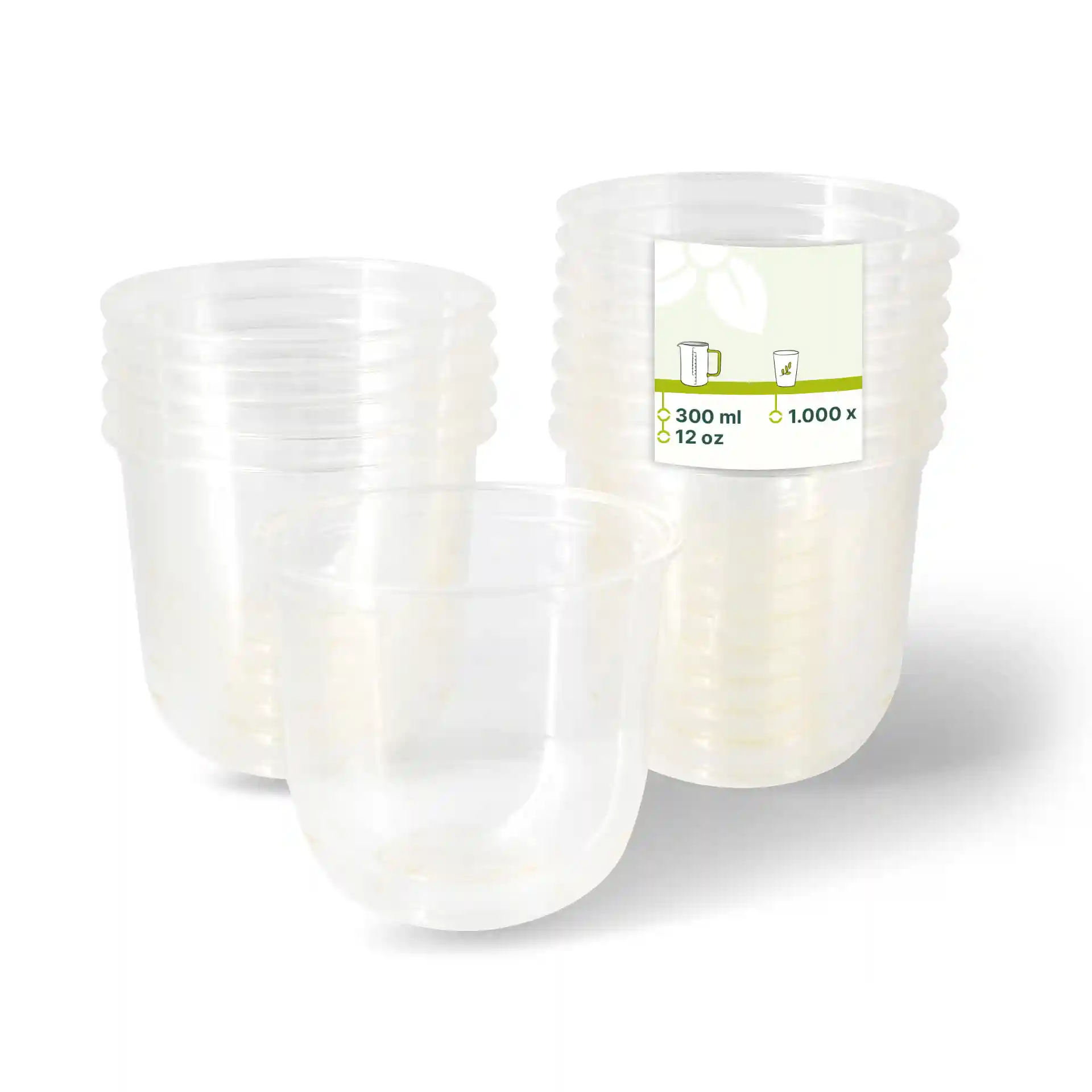 Bicchieri per dessert in PLA trasparente impilati, con un bicchiere davanti che mostra un'etichetta con capacità di 300 ml.