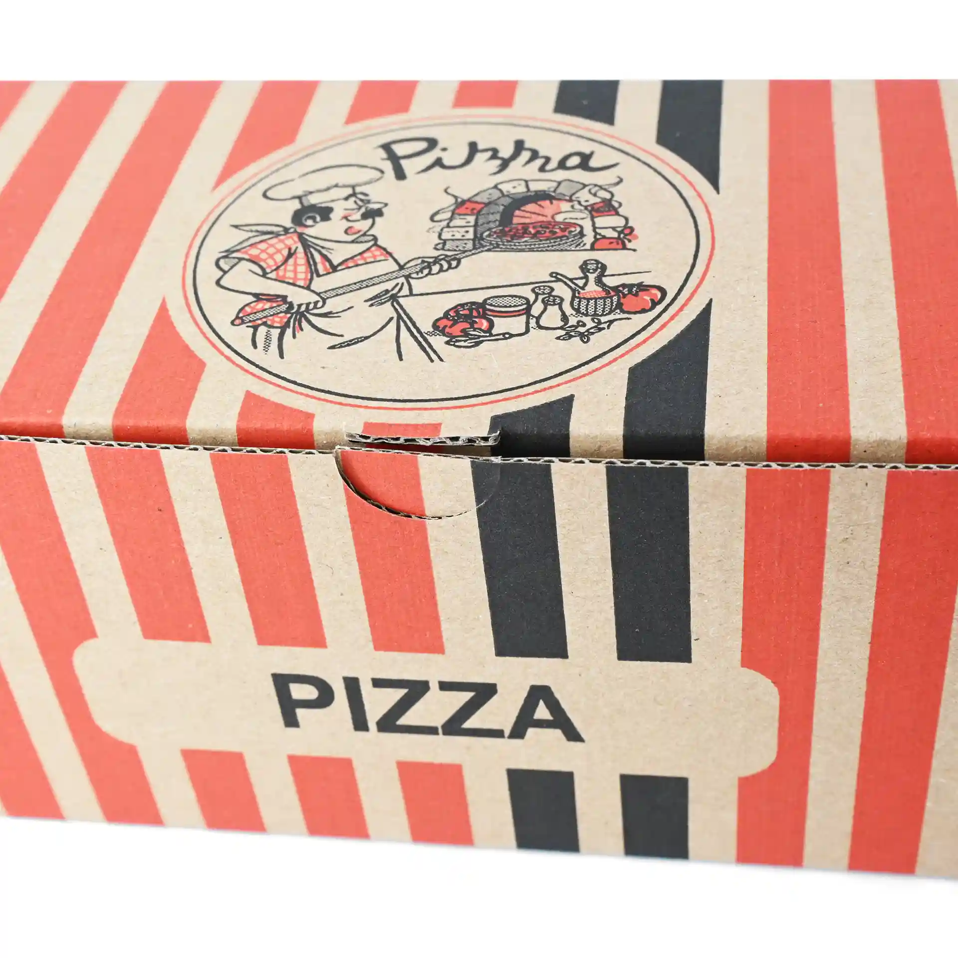 Scatola per pizza con design di chef pizzaiolo, strisce rosse e nere, dimensioni 7 x 8 x 28 cm.