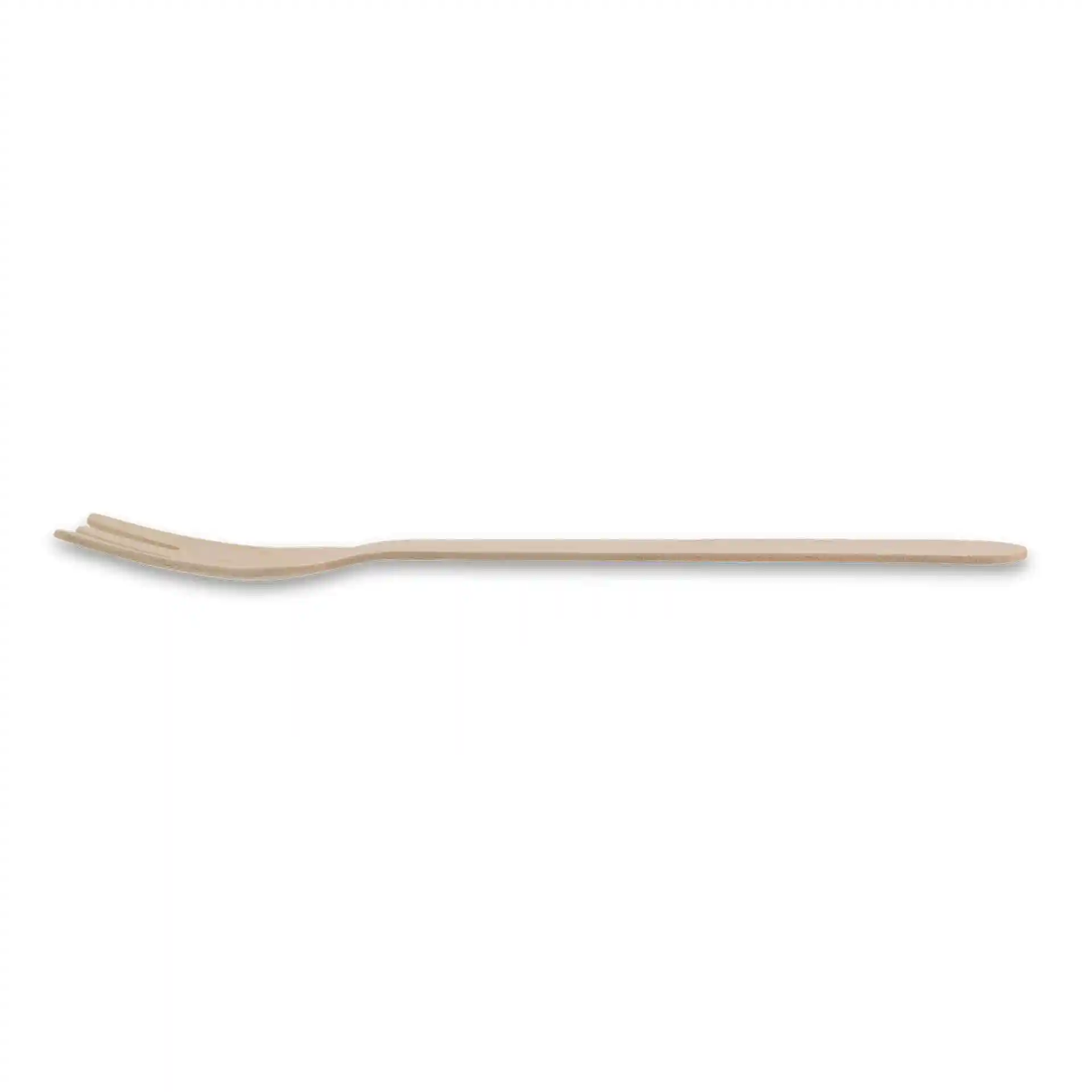 Forchetta da torta in legno, lunga 14 cm, di colore marrone e in legno bio-coat, mostrata su uno sfondo semplice.