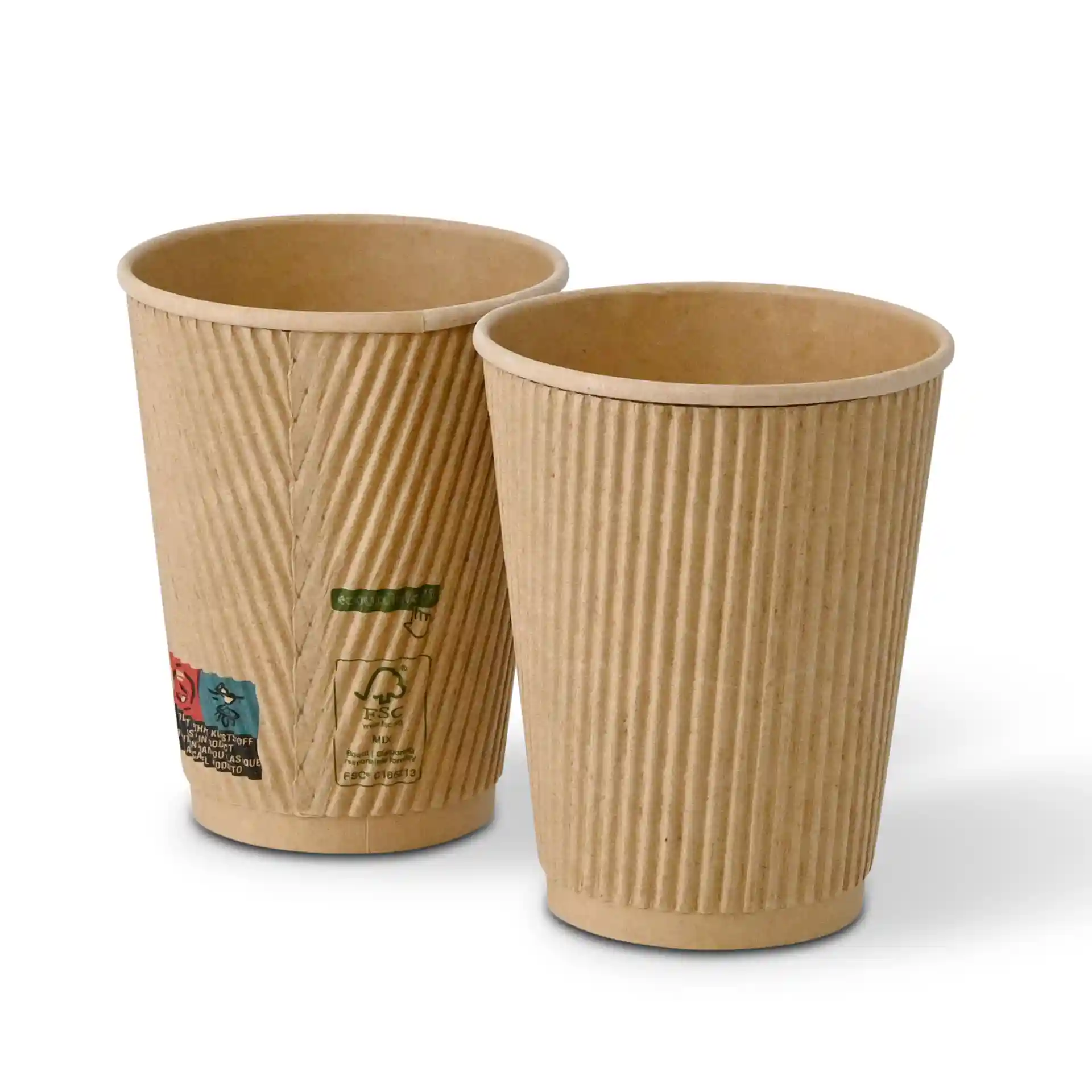 Due bicchieri in kraft da 12 oz con un diametro di 90 mm, con etichette e contrassegni visibili.