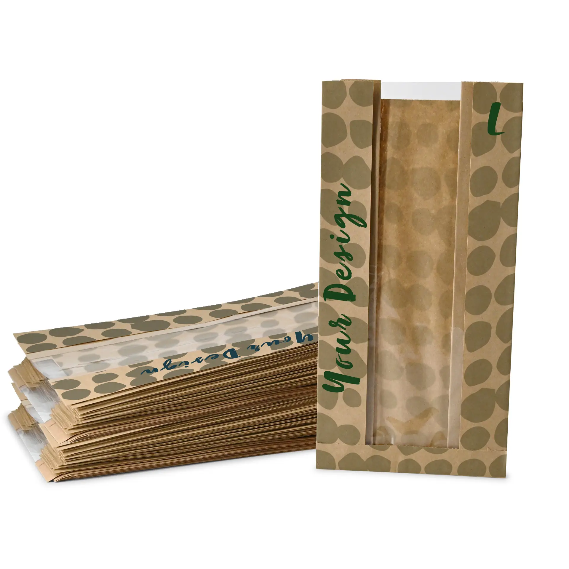 Sacchetto di carta per pane con finestra stampato, misura L - 20 × 11 × 41 cm, marrone