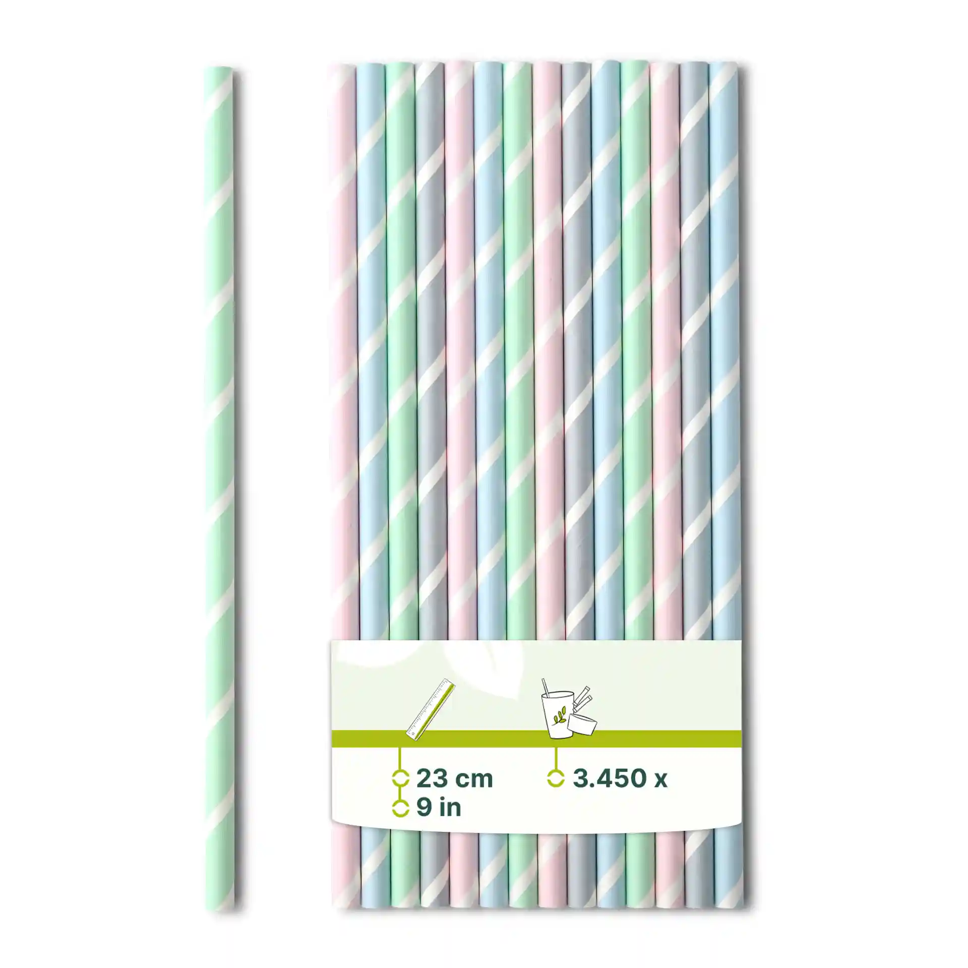 Cannucce jumbo in carta a righe pastello, lunghe 23 cm e con un diametro di 0,8 cm, disposte con un'etichetta che mostra le dimensioni.