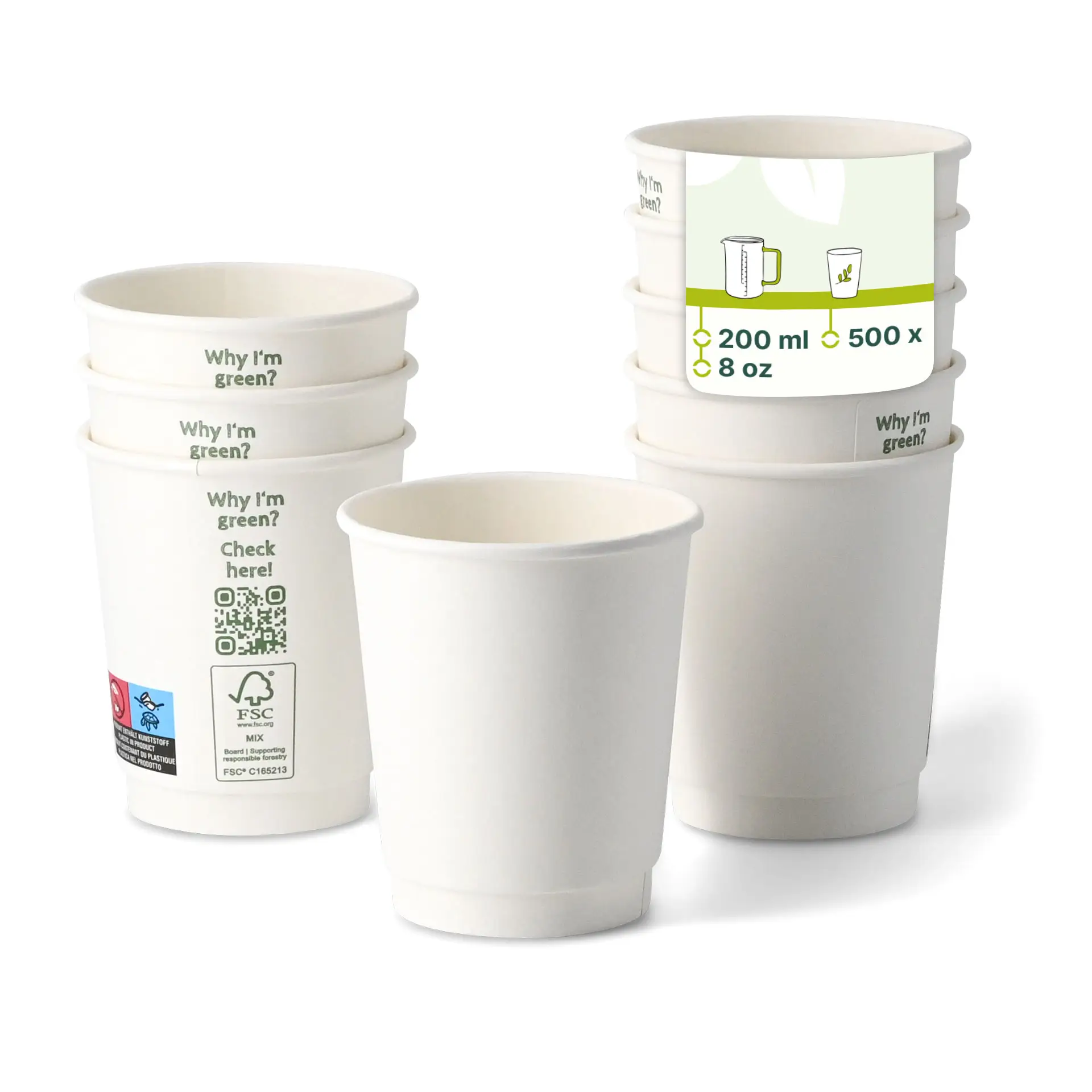 Bicchiere da caffè to go, 200 ml / 8 oz, Ø 80 mm, doppia parete, bianco, rivestito in PLA