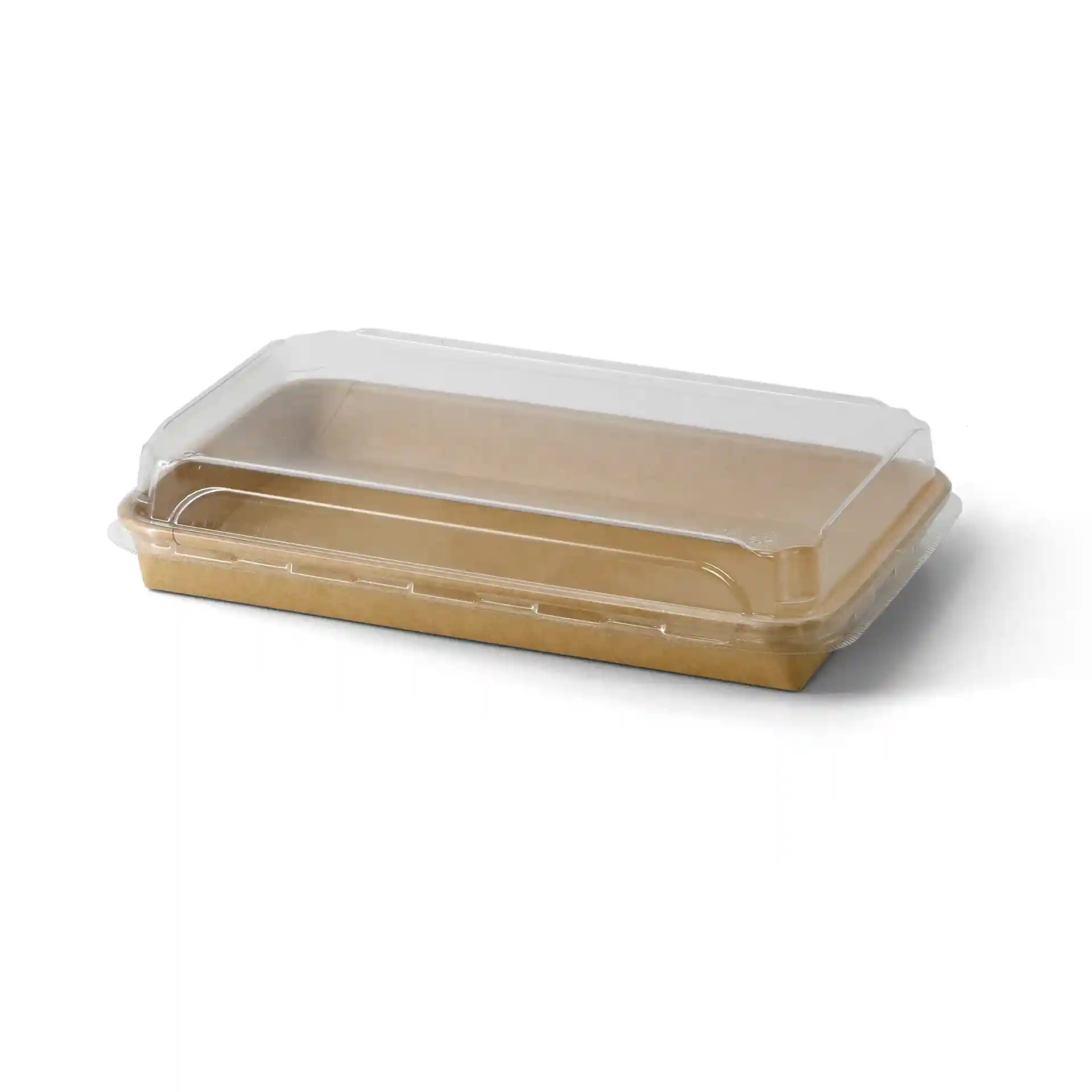 Scatola per sushi marrone con coperchio trasparente, misura 24 x 15 x 3 cm, realizzata in materiale rivestito in PE.