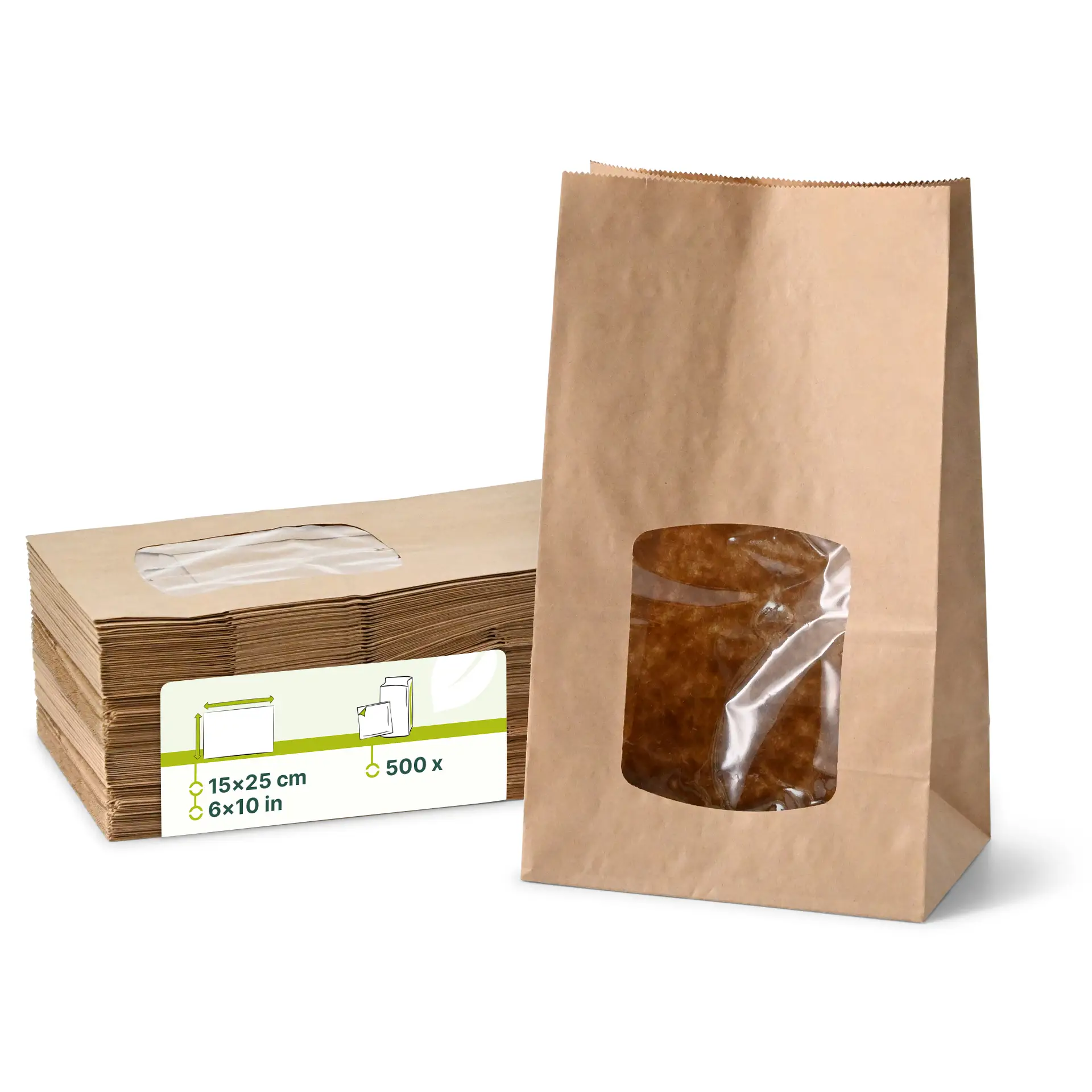 Blockbeutel m. PLA-Fenster L, 15 x 10 x 25 cm, braun, Kraftpapier