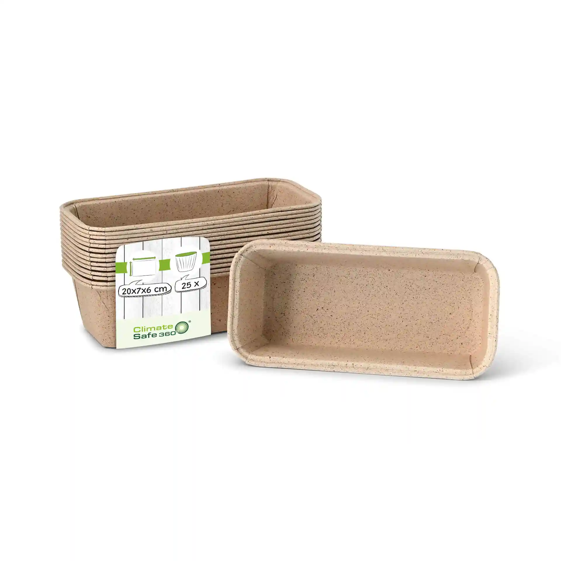 Stampi da forno rettangolari in carta cacao marrone, misurano 20 × 7 × 6 cm, con etichetta per quantità e dimensioni.