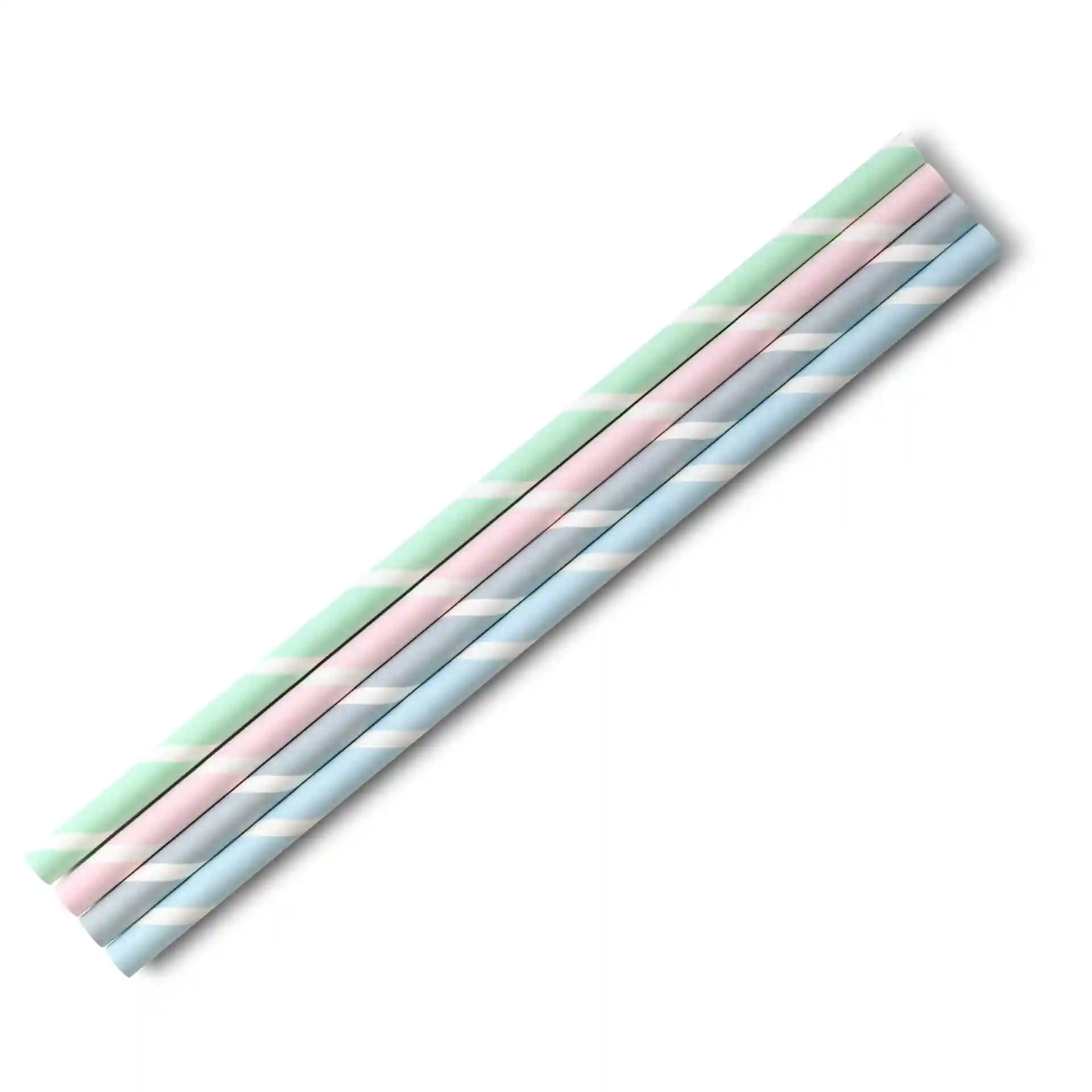 Cannucce jumbo in carta a righe pastello, lunghe 23 cm e con un diametro di 0,8 cm, disposte in fila.