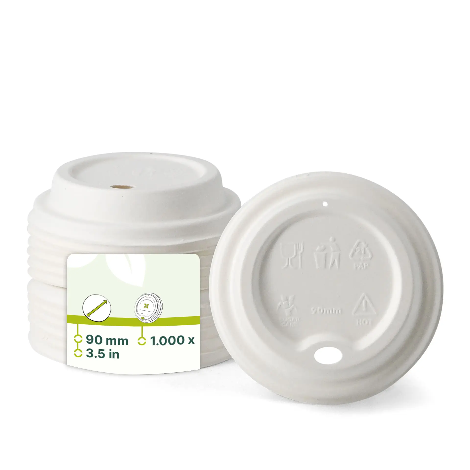 Coperchi in canna da zucchero bianca per bicchieri di carta, diametro 90 mm, adatti per bevande calde e fredde, impilati in gruppo.
