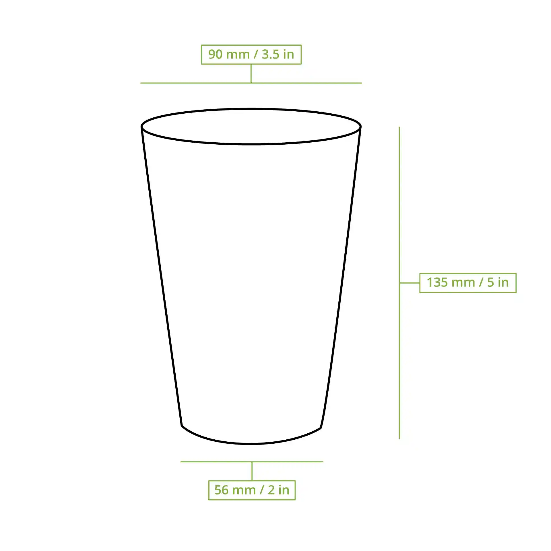 Disegno schematico di un bicchiere di carta bianco con dimensioni: altezza 135 mm, diametro superiore 90 mm e diametro base 56 mm.