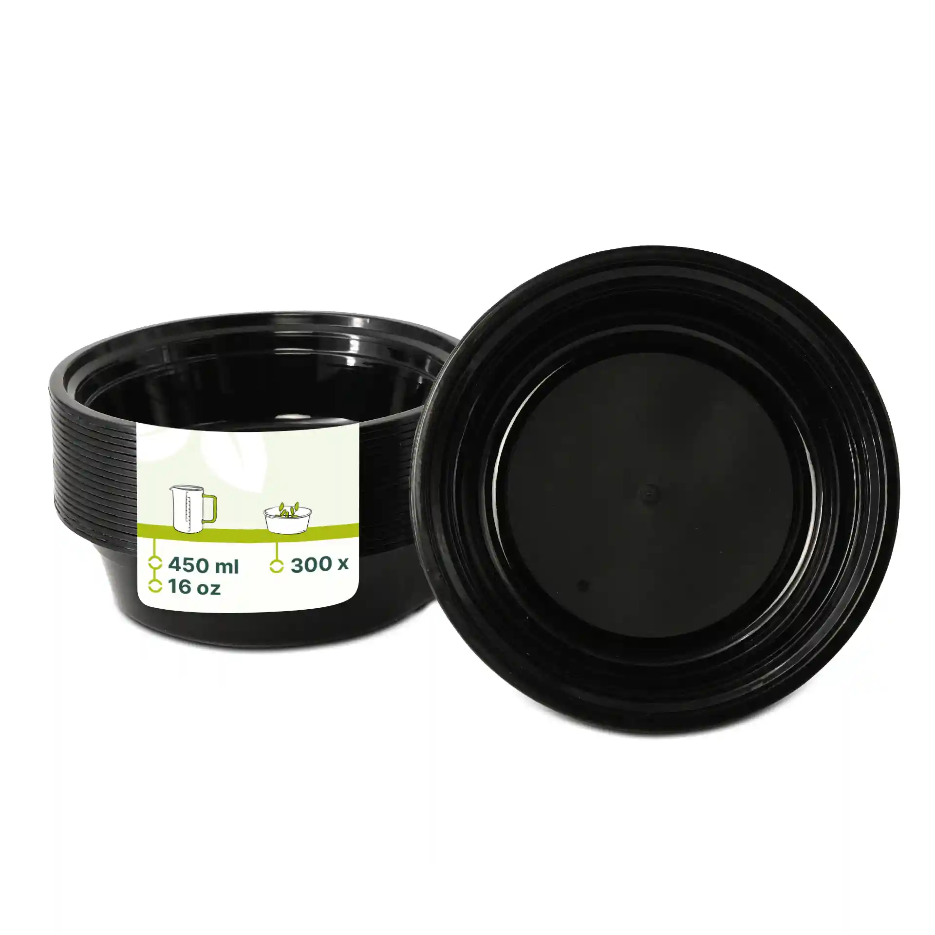 Piatto rotondo riutilizzabile nero in PP, capacità di 450 ml, diametro di 158 mm e altezza di 42 mm.