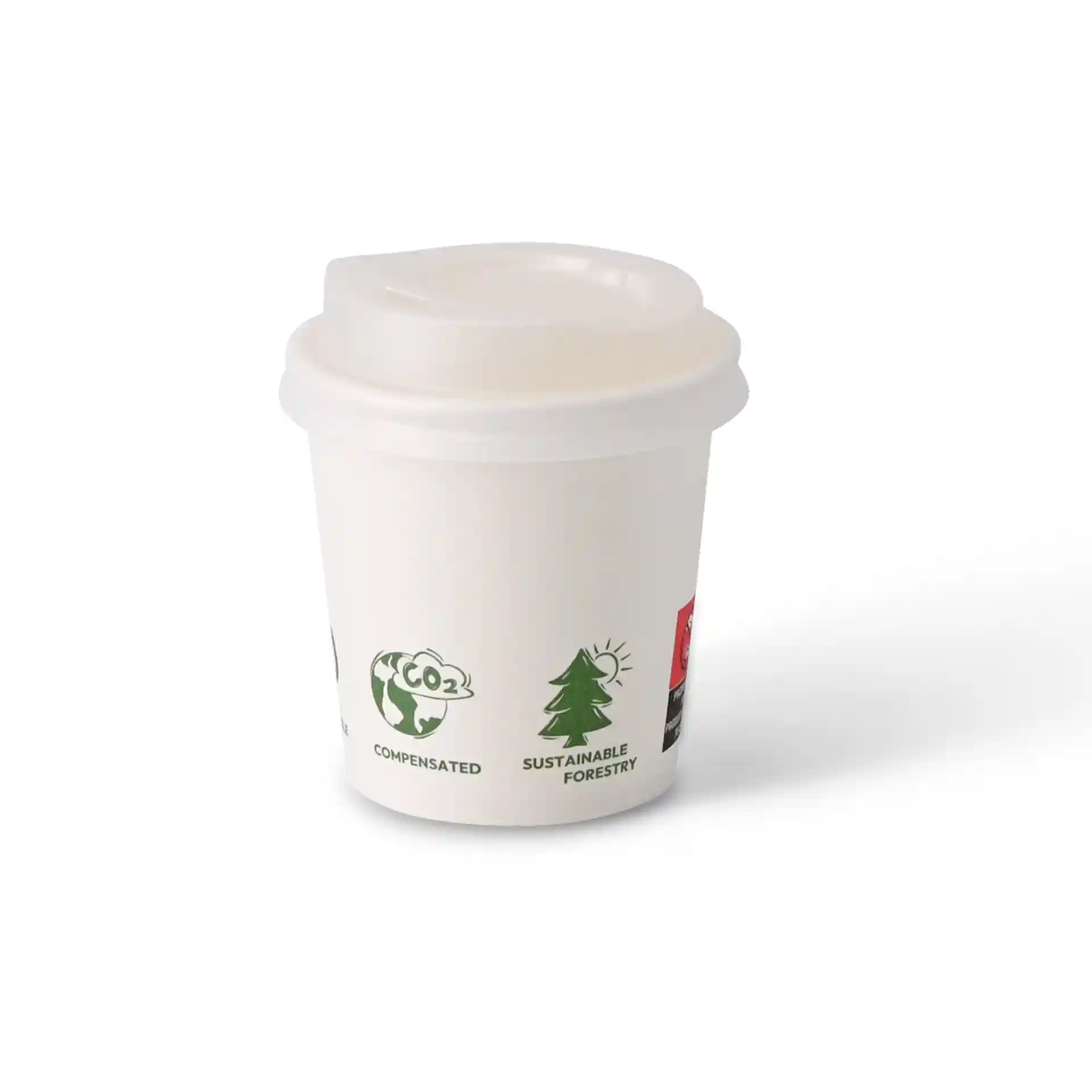 Bicchiere di carta bianco con parete singola, capacità di 100 ml, con icone EcoUp© e superficie rivestita in PLA.