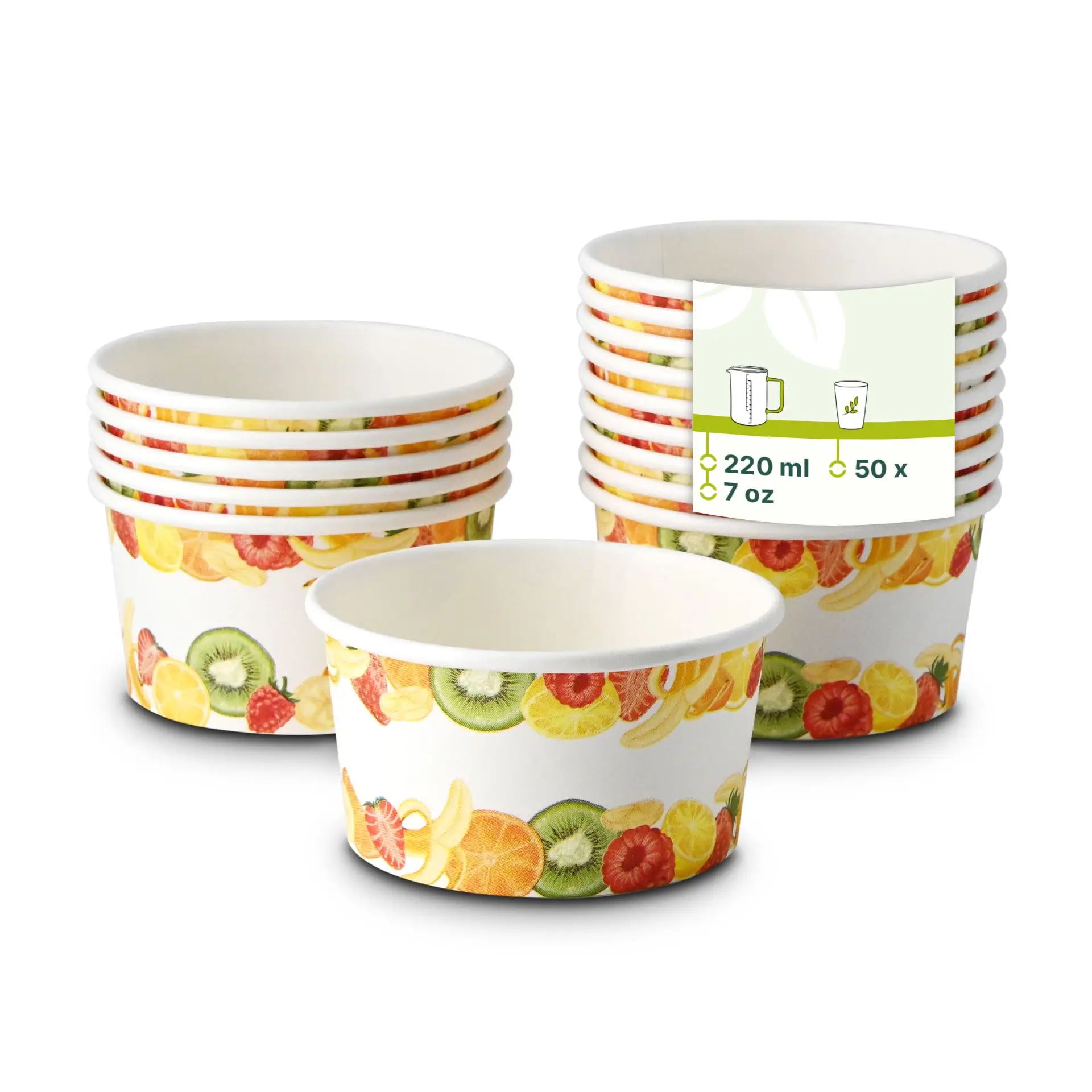 Un bicchiere di carta stampato con design di frutta; diversi bicchieri simili mostrati con opacità ridotta.