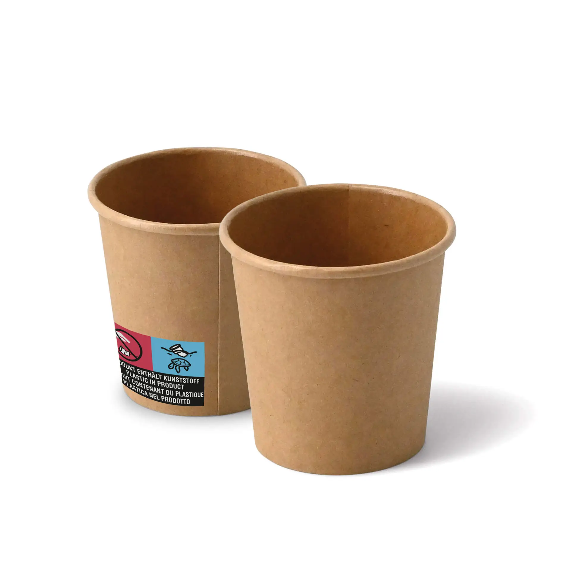 Bicchieri di carta marroni da 4 oz a forma rotonda, che mostrano due bicchieri con un'etichetta con simboli.