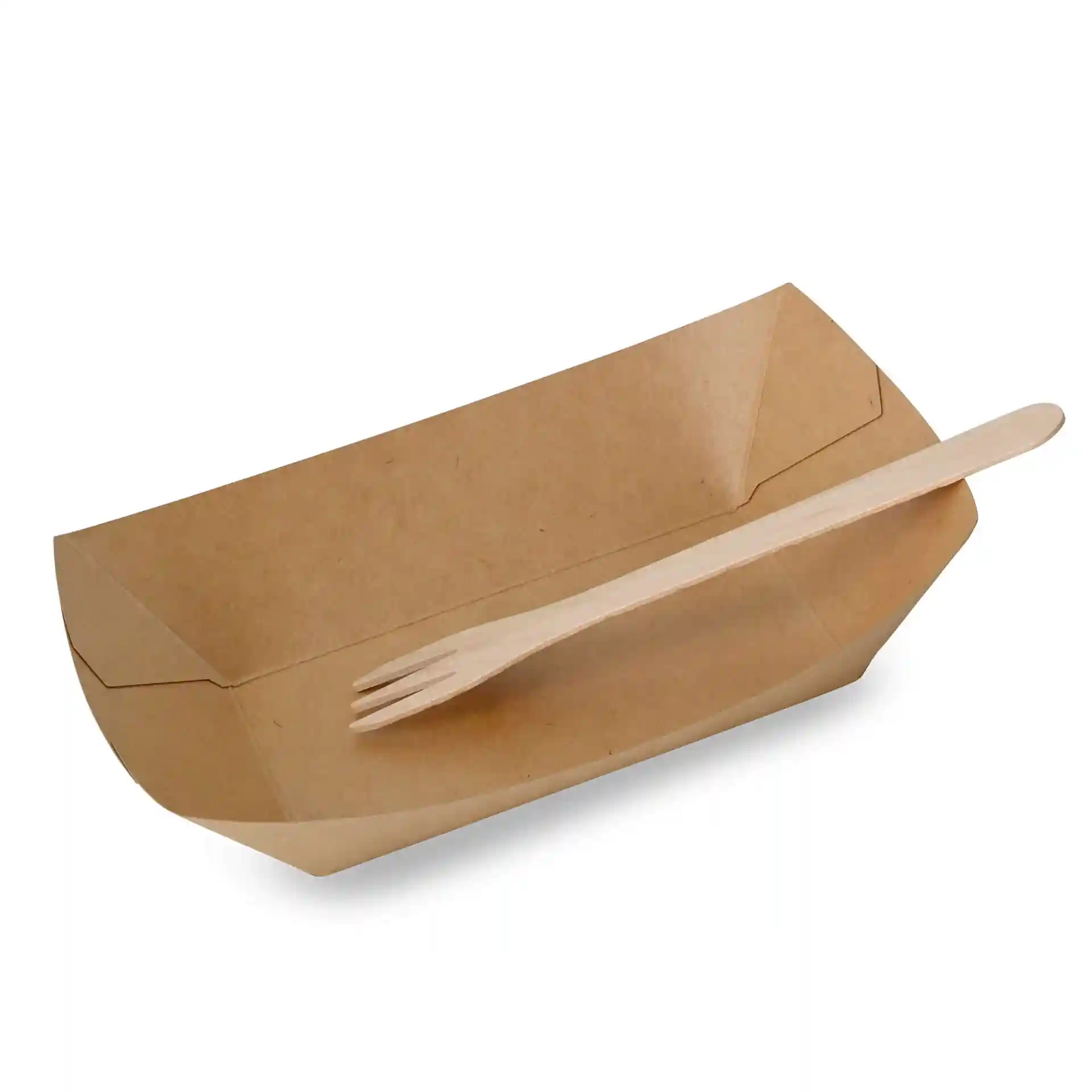 Vassoio per snack in cartone marrone con una forchetta di legno, dimensioni 19,5 x 14 x 4,5 cm.