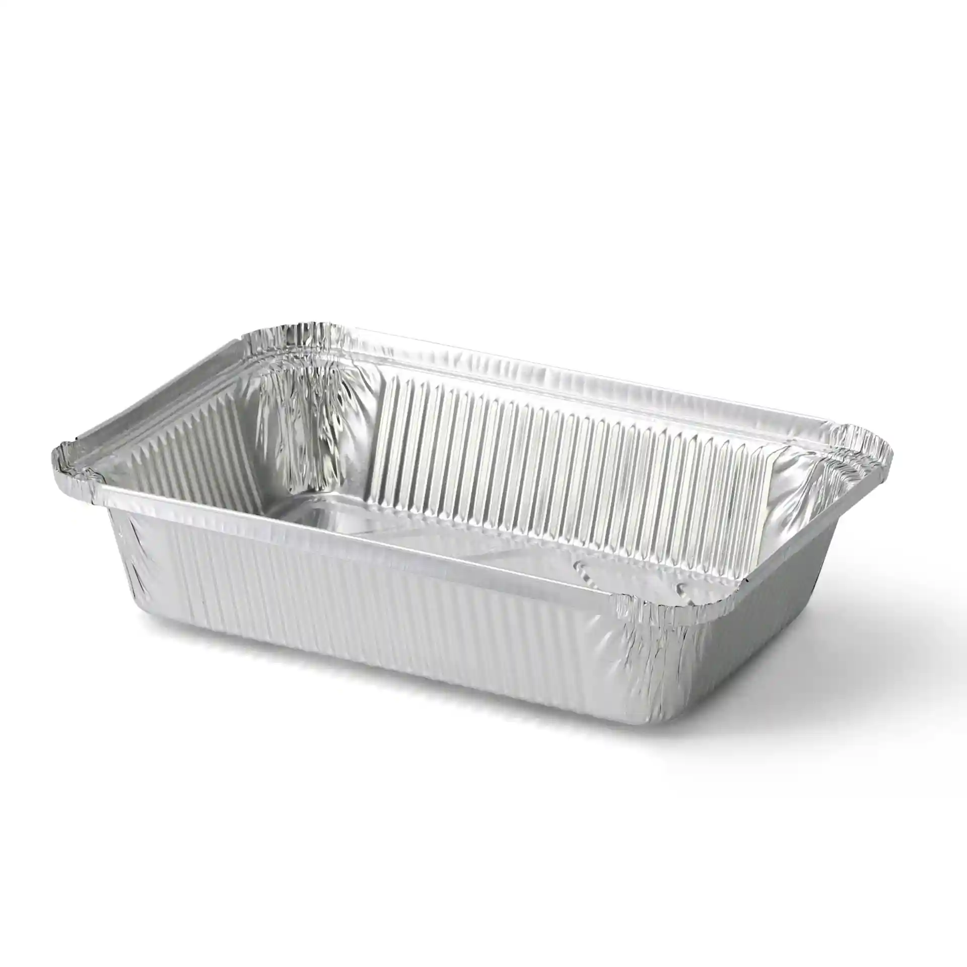 Contenitore in alluminio rettangolare di 21,4 x 14,9 x 4,3 cm con superficie lucida e lati rigati.