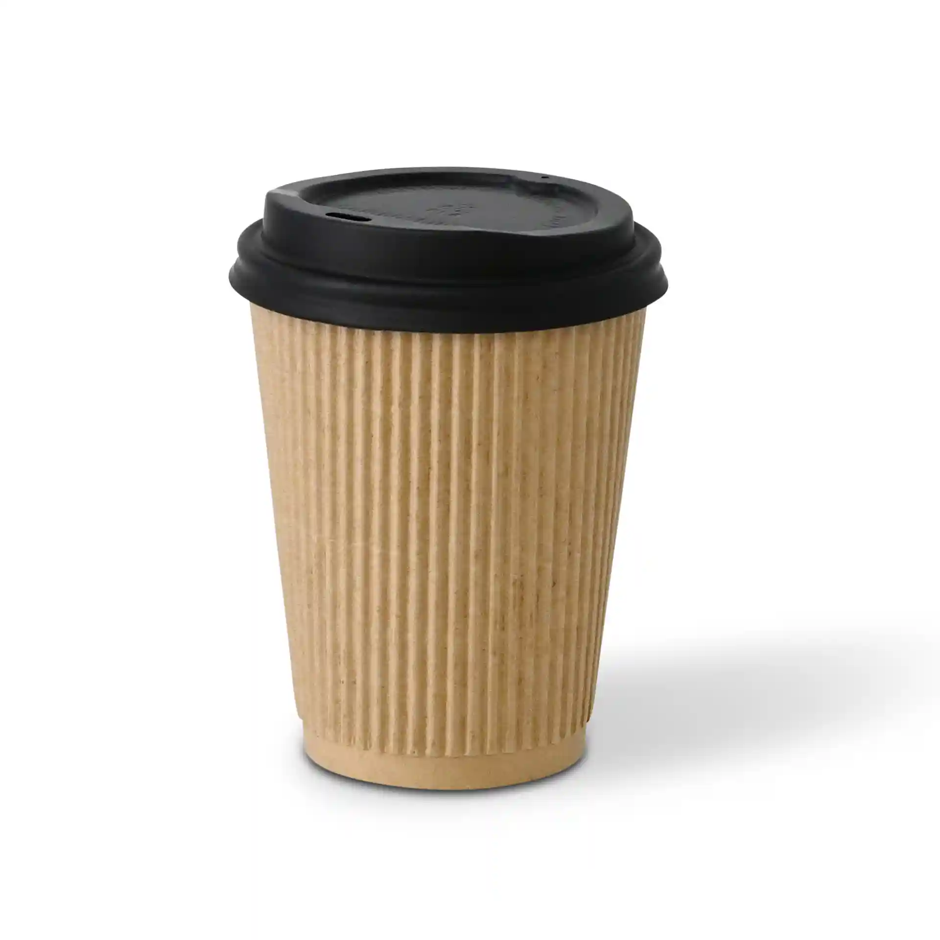 Bicchiere marrone a righe con coperchio nero, capacità di 12 oz, altezza di 112 mm e diametro di 90 mm.