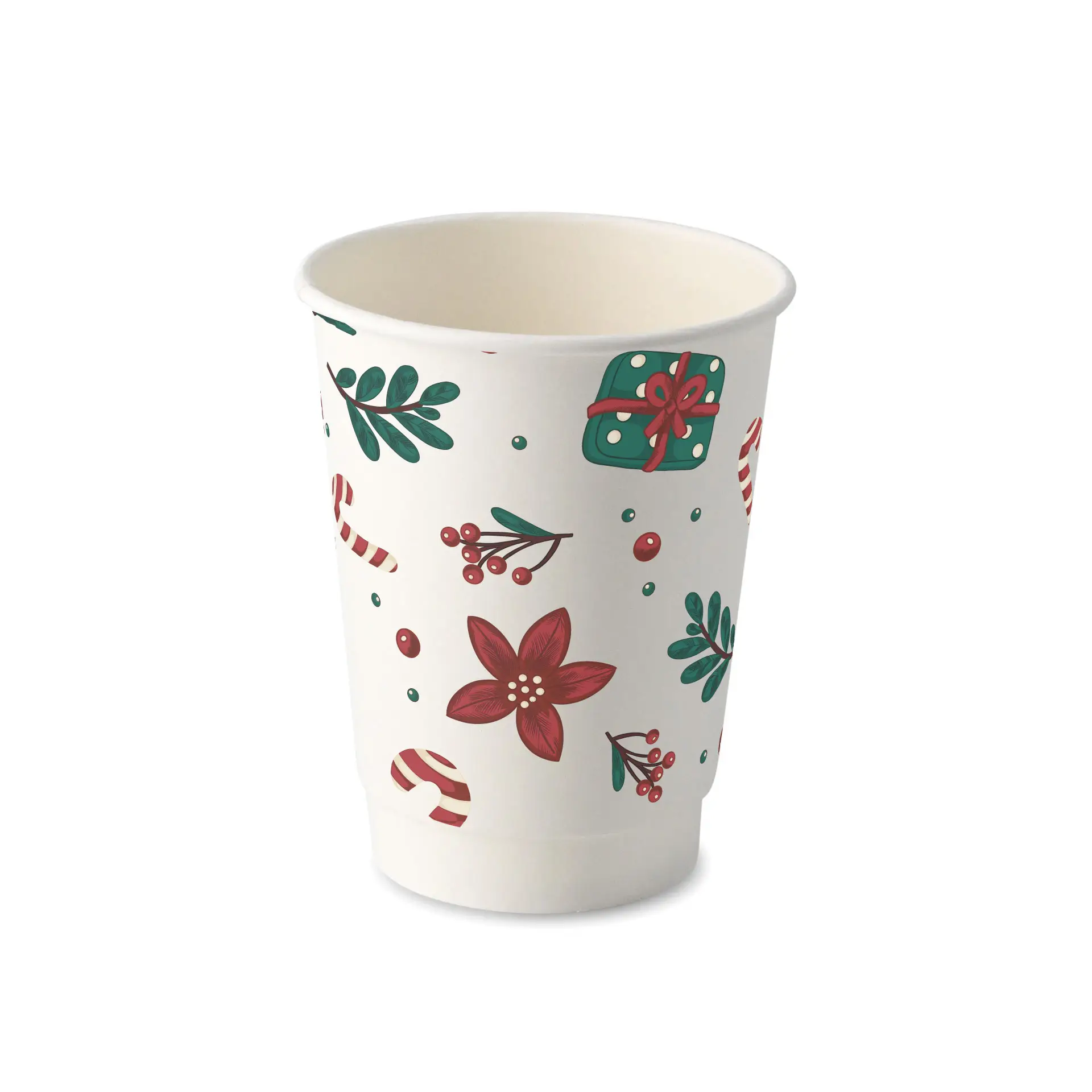 Tazza da caffè bianca a doppia parete con design invernale che presenta fiori, regali e bastoncini di zucchero.