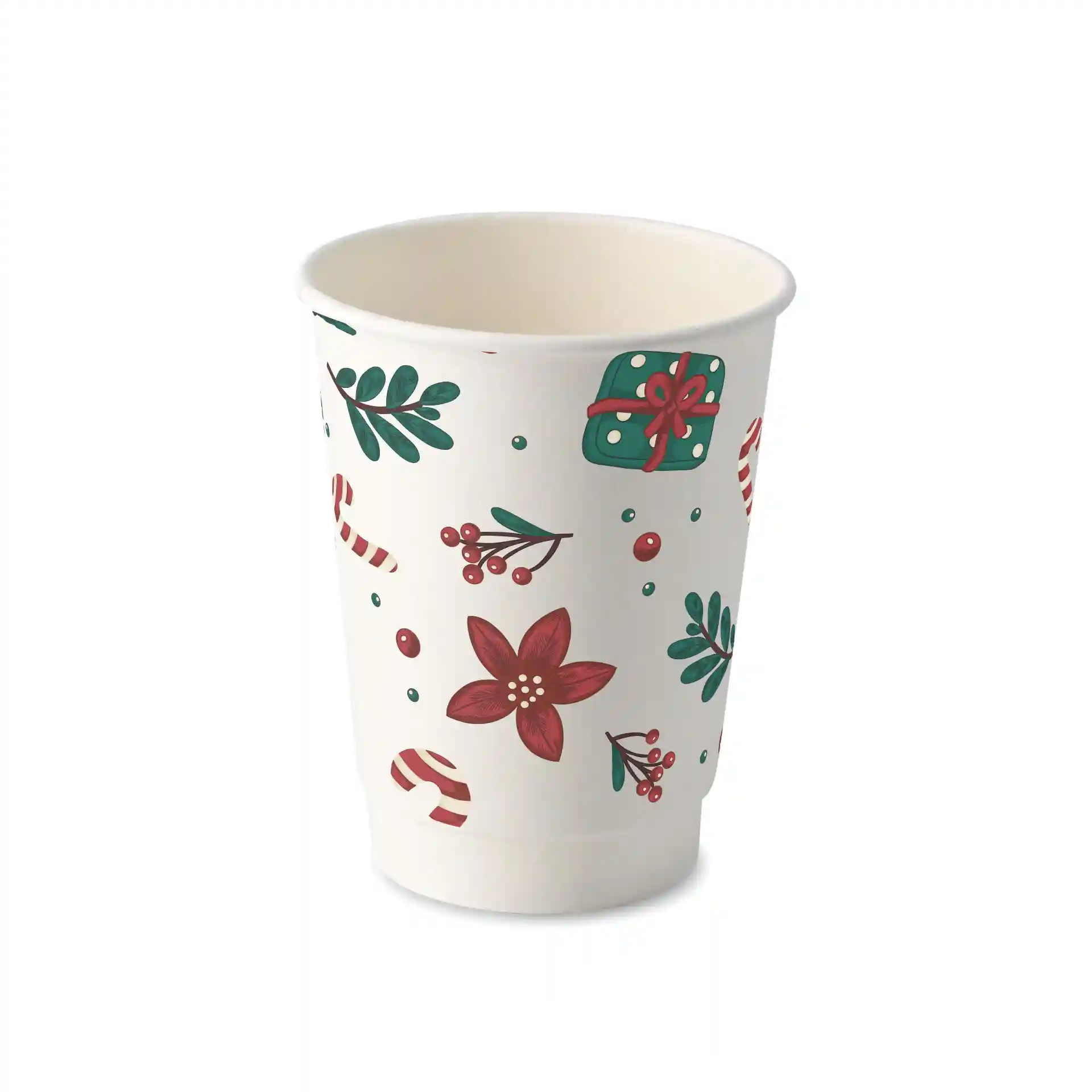 Tazza da caffè bianca a doppia parete con design invernale che presenta fiori, regali e bastoncini di zucchero.