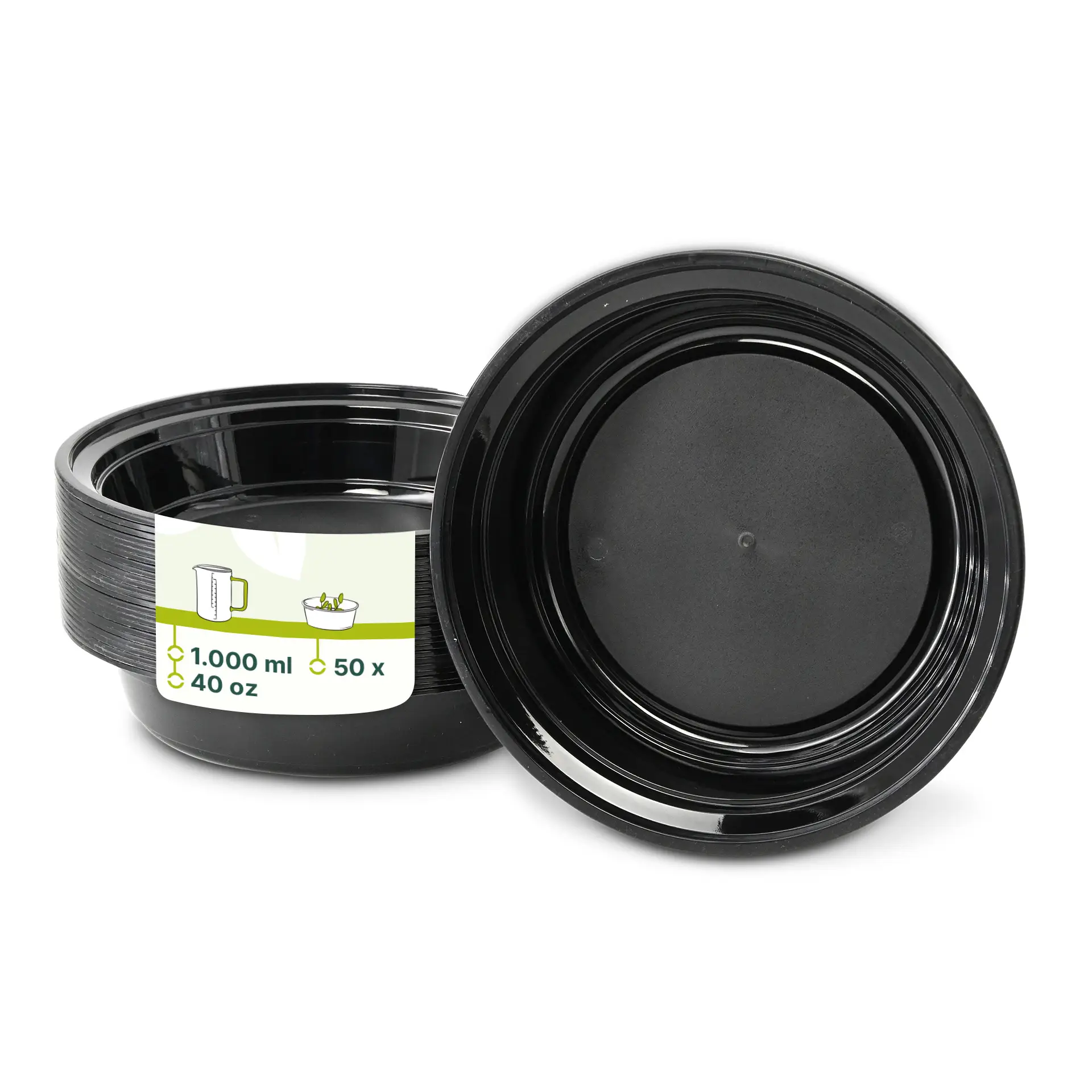 Piatto nero riutilizzabile in polipropilene, capacità di 1000 ml, ideale per piatti caldi e freddi; mostrato con piatti impilati sullo sfondo.