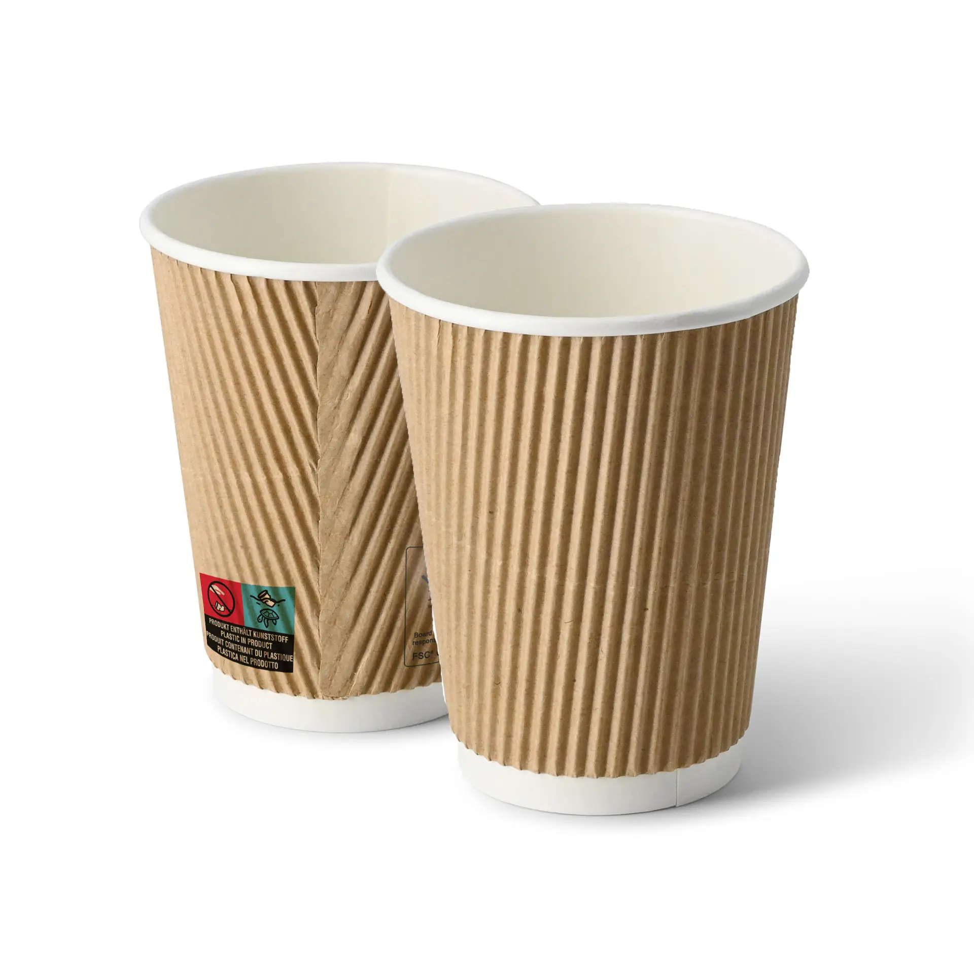 Due bicchieri da asporto marroni a onde, 12 oz, con interni bianchi; progettati per bevande calde e fredde.