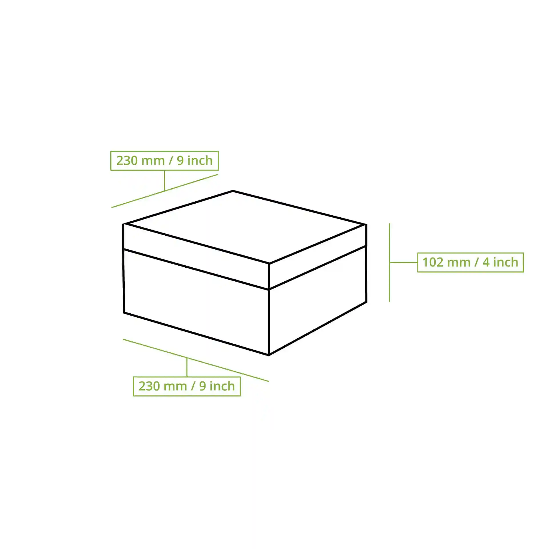 Disegno schematico di una scatola per torta rettangolare con dimensioni etichettate: 230 mm di lunghezza, 230 mm di larghezza e 102 mm di altezza.