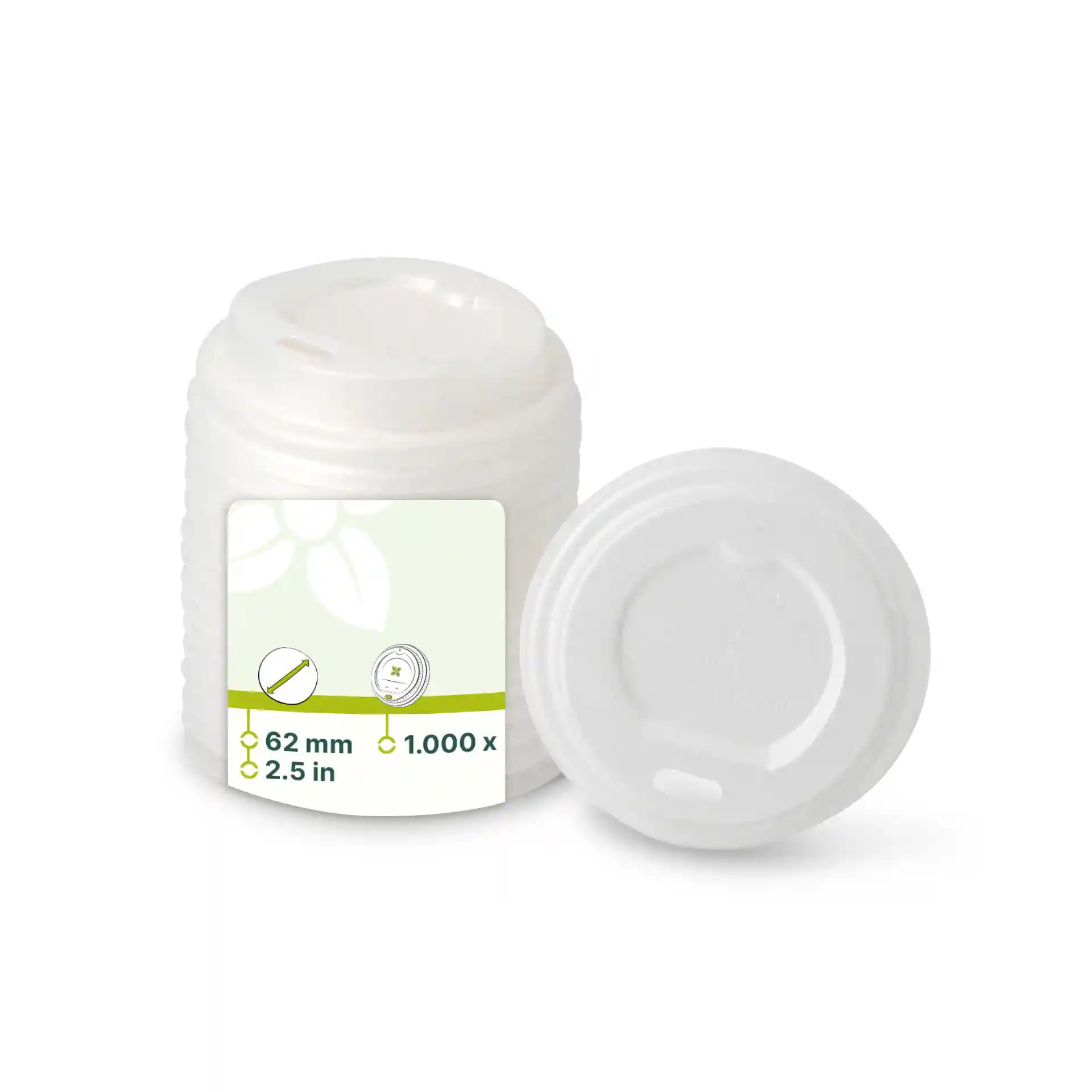 Coperchio CPLA bianco con foro per bere, diametro 62 mm, posizionato accanto a un coperchio piatto.