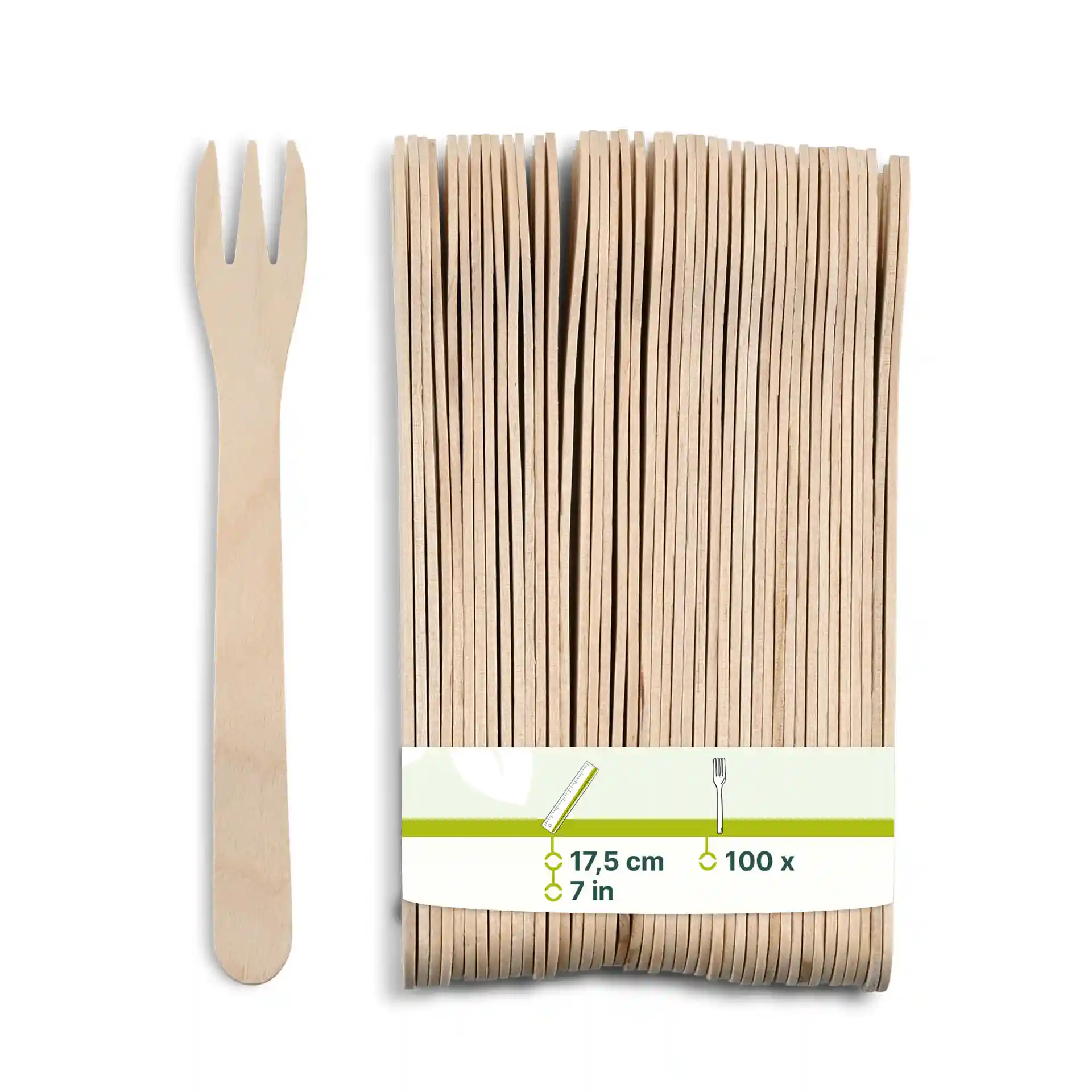 Confezione di forchette in legno, lunghe 17,5 cm, con design a tre punte, esposte accanto a un'etichetta con misure.