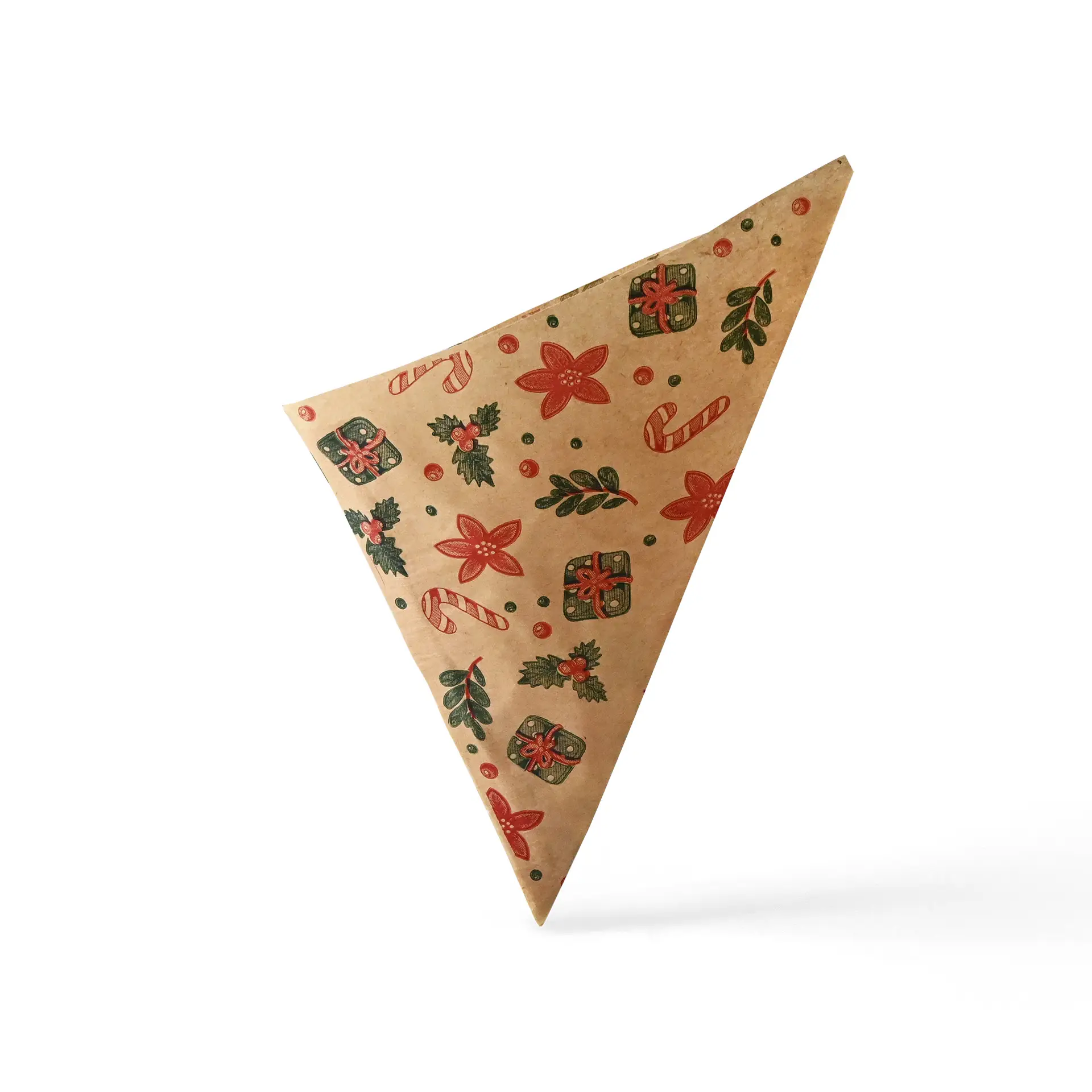 Busta marrone impermeabile con design invernale, fiori rossi, bastoncini di zucchero e regali, misura 19 x 19 cm.