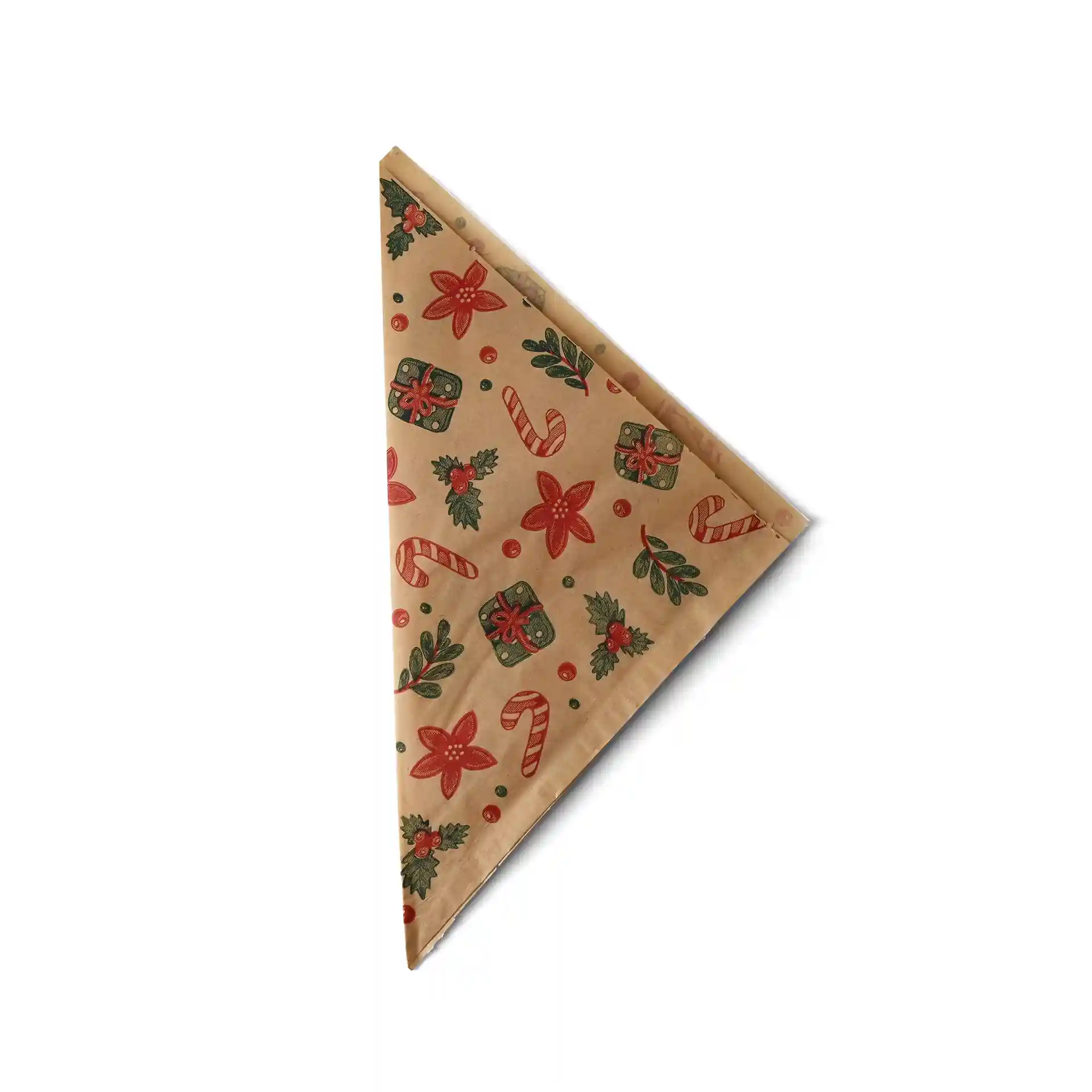 Busta marrone impermeabile con design invernale, fiori rossi, bastoncini di zucchero e regali, misura 19 x 19 cm.