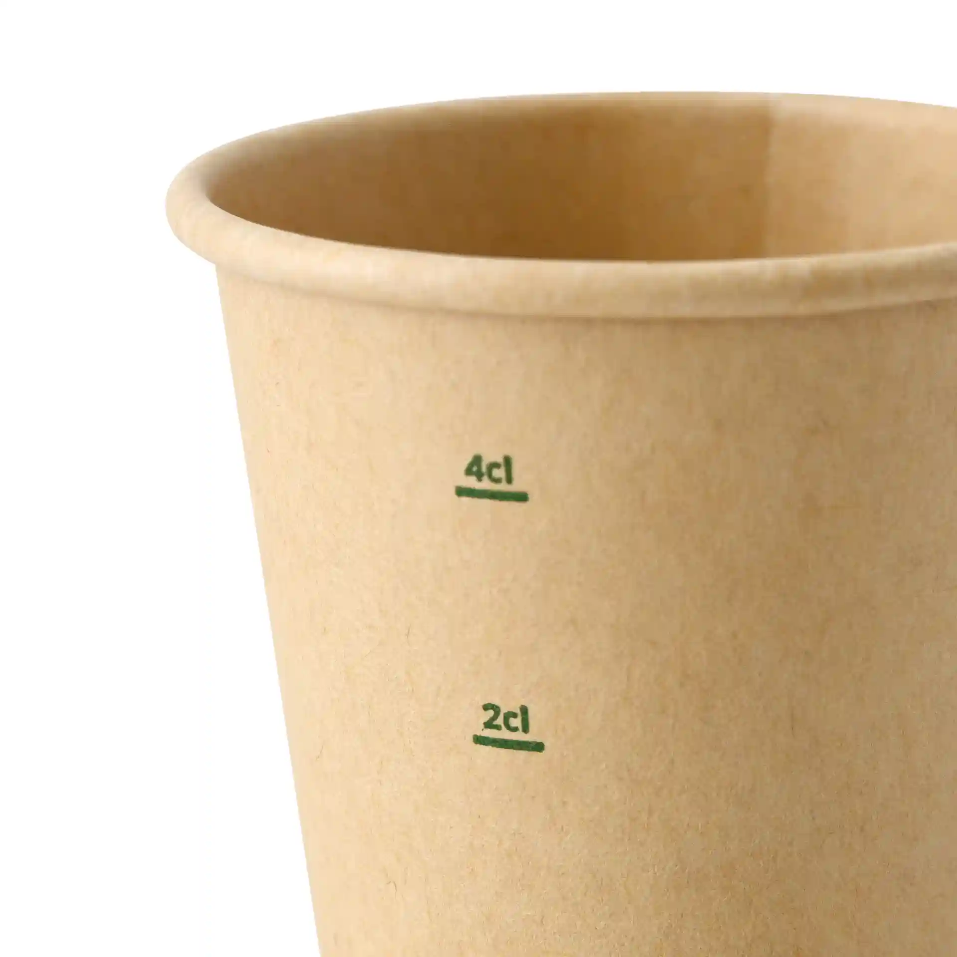 Bicchiere di carta marrone con segni di misurazione per 2 cl e 4 cl sul lato, costruzione a parete singola.