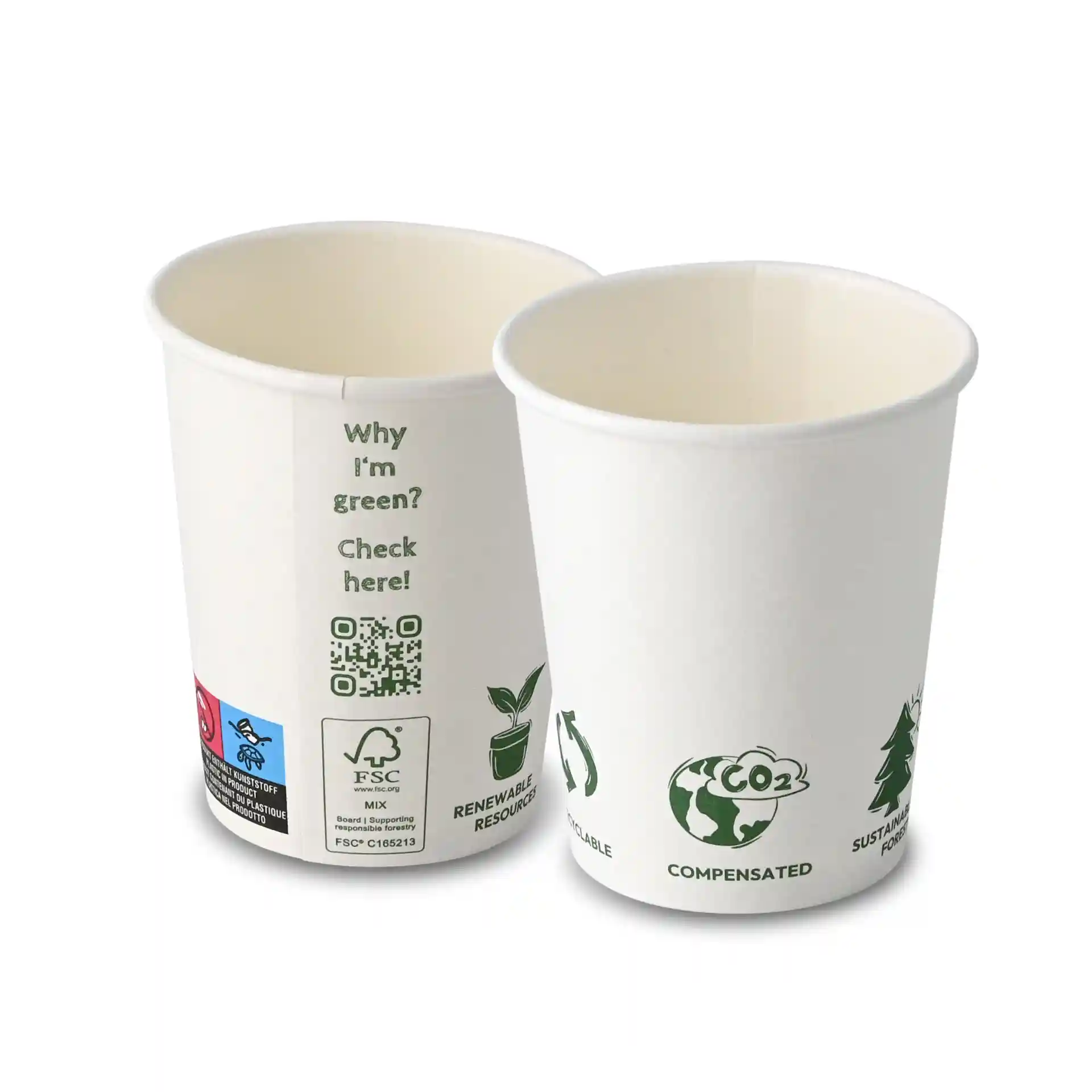 Bicchieri di carta bianchi con parete singola, capacità di 200 ml, con vari icone ecologiche e un codice QR.