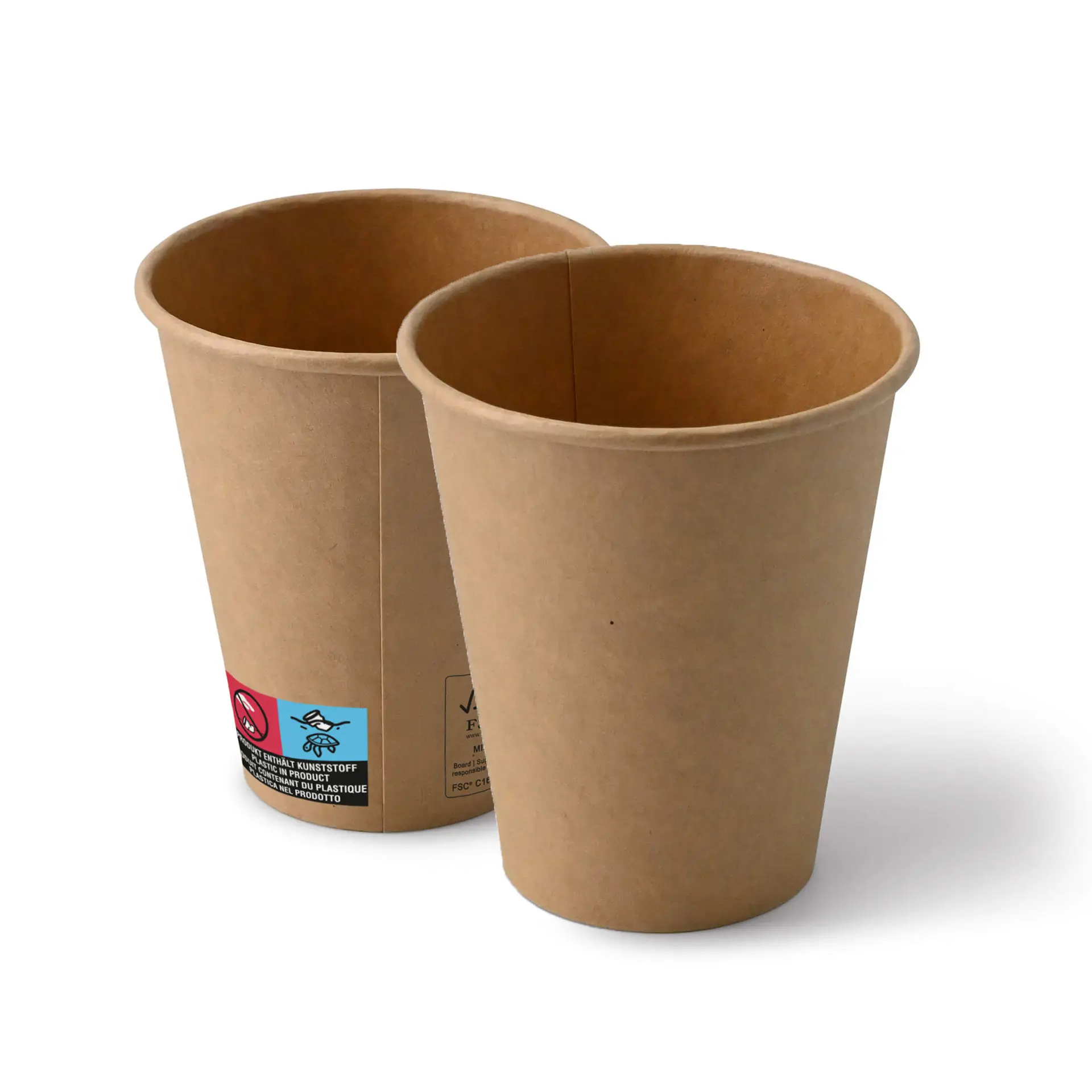 Bicchieri di carta marroni a forma rotonda, due bicchieri impilati con superfici interne ed esterne visibili.