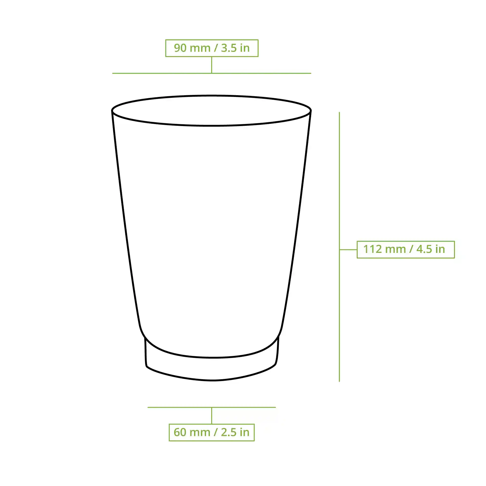 Disegno schematico di un bicchiere rigato con dimensioni: altezza 112 mm, diametro superiore 90 mm, diametro base 60 mm.