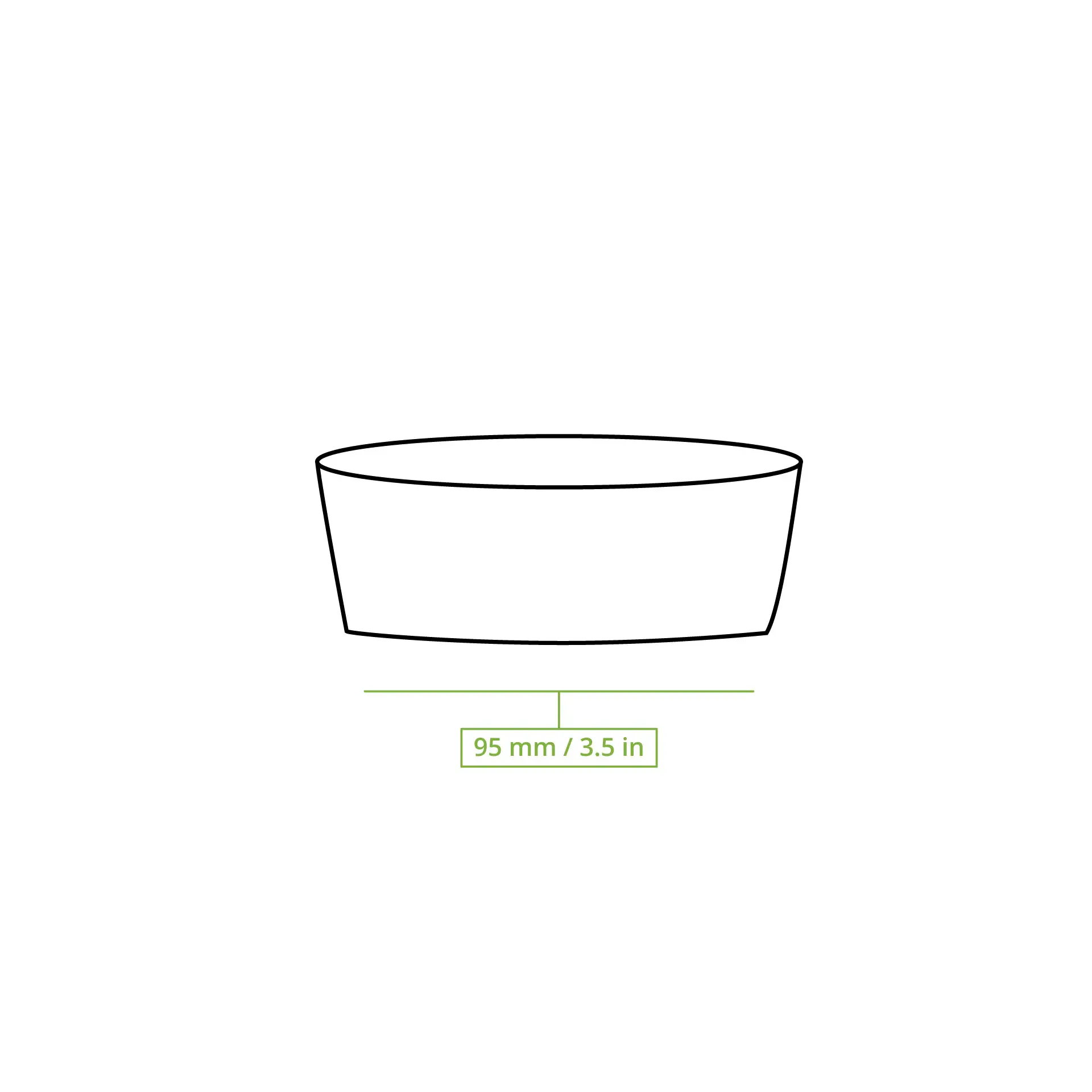 Disegno schematico di un bicchiere con un diametro di 95 mm e un volume pieno di 130 ml.