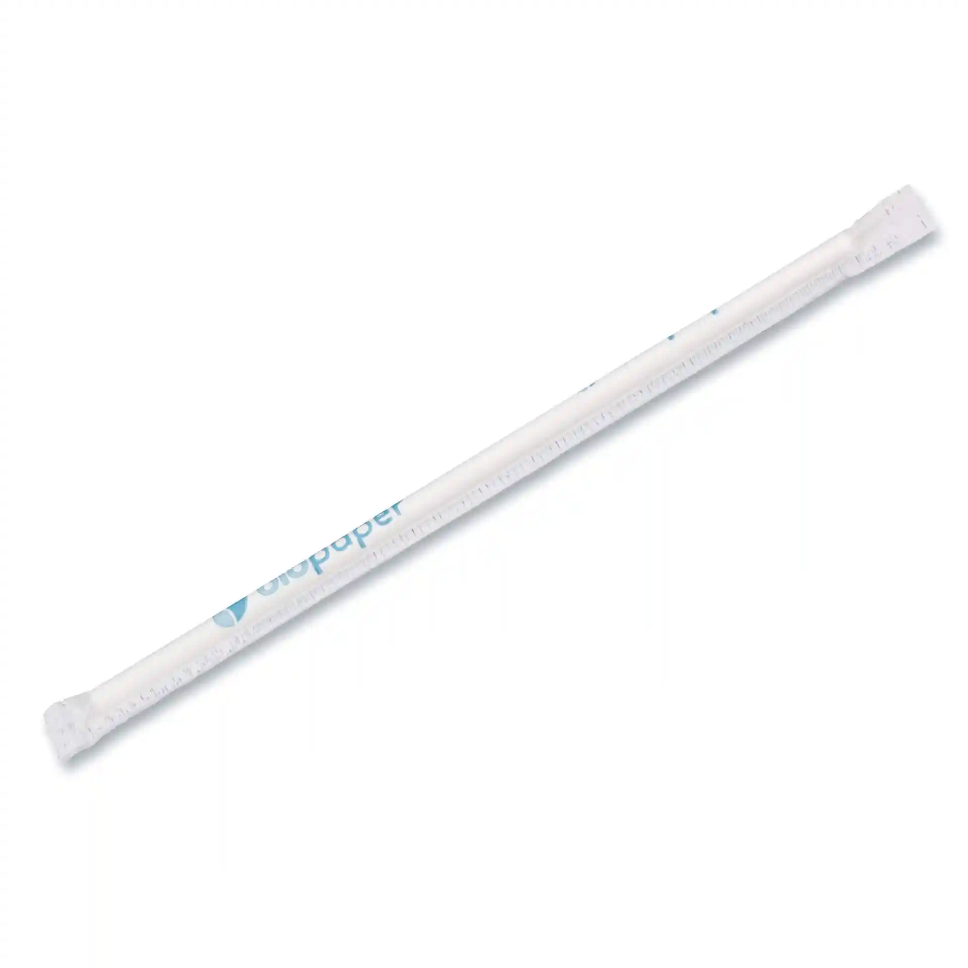 Cannuccia di carta bianca, lunga 20 cm e con un diametro di 0,5 cm, con una fessura verticale e avvolta.