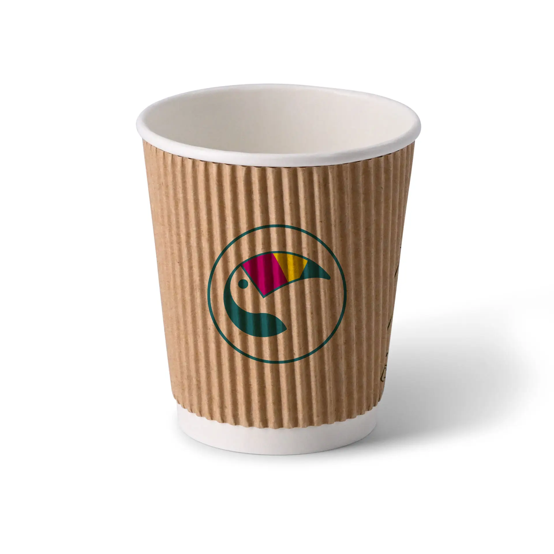 Bicchiere to-go marrone rigato con interno bianco; design stampato con logo di uccello. Adatto per bevande calde e fredde.