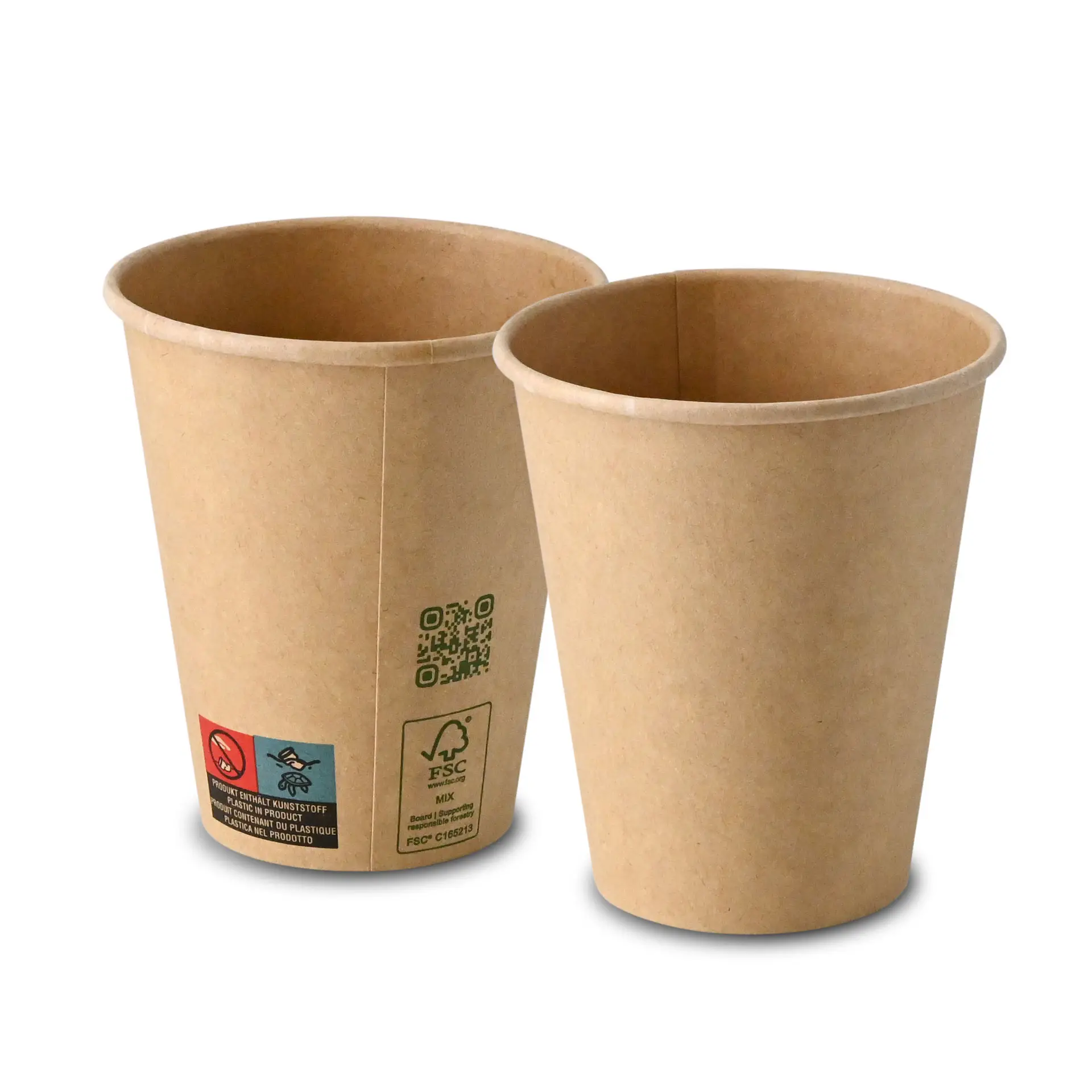 Coppetta in carta marrone a parete singola, 250 ml, con rivestimento PLA per bevande calde e fredde; presenta certificazioni ecologiche.