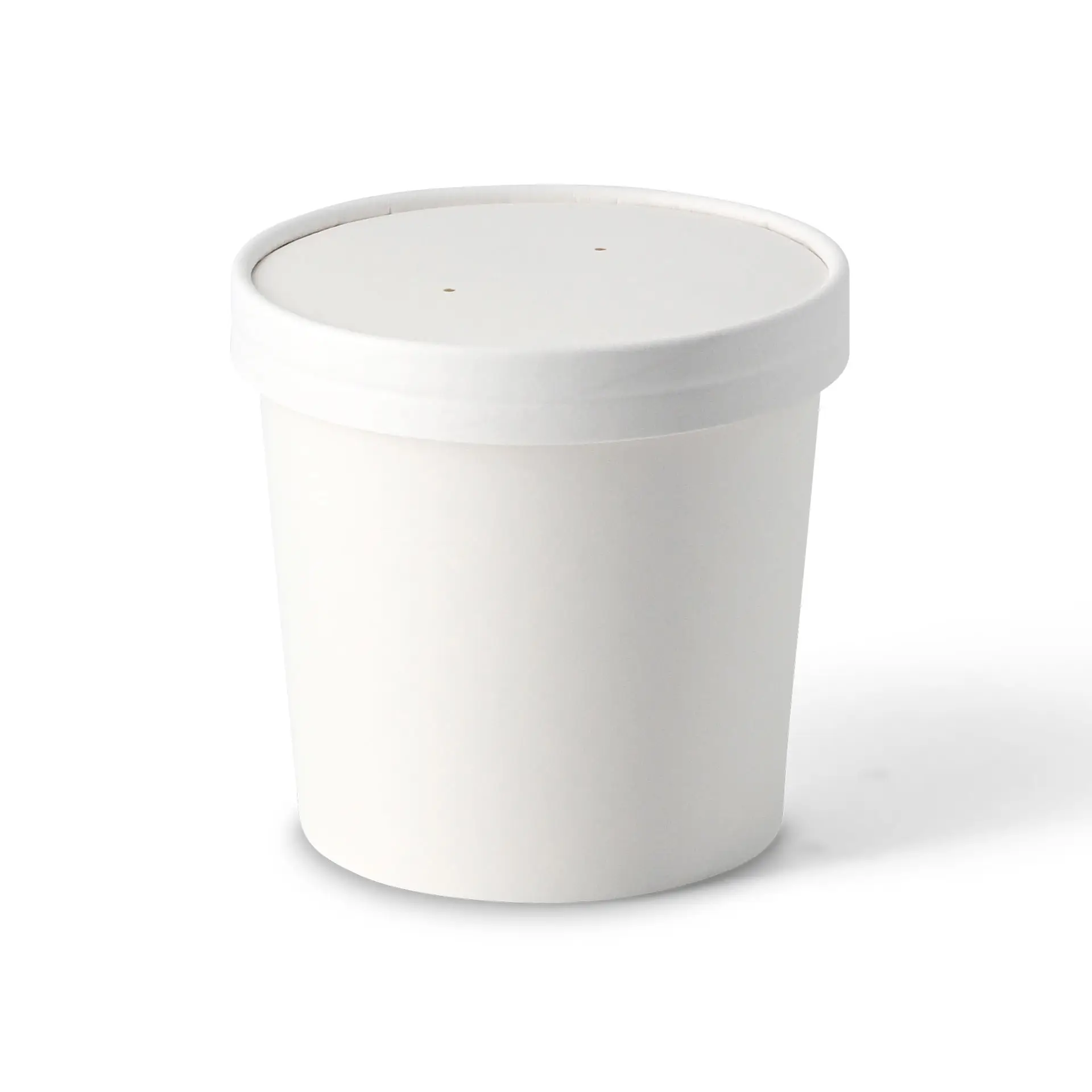Tazza per zuppa bianca da asporto in cartone biodegradabile, 16 oz, con rivestimento in PLA, design semplice e coperchio sigillato.
