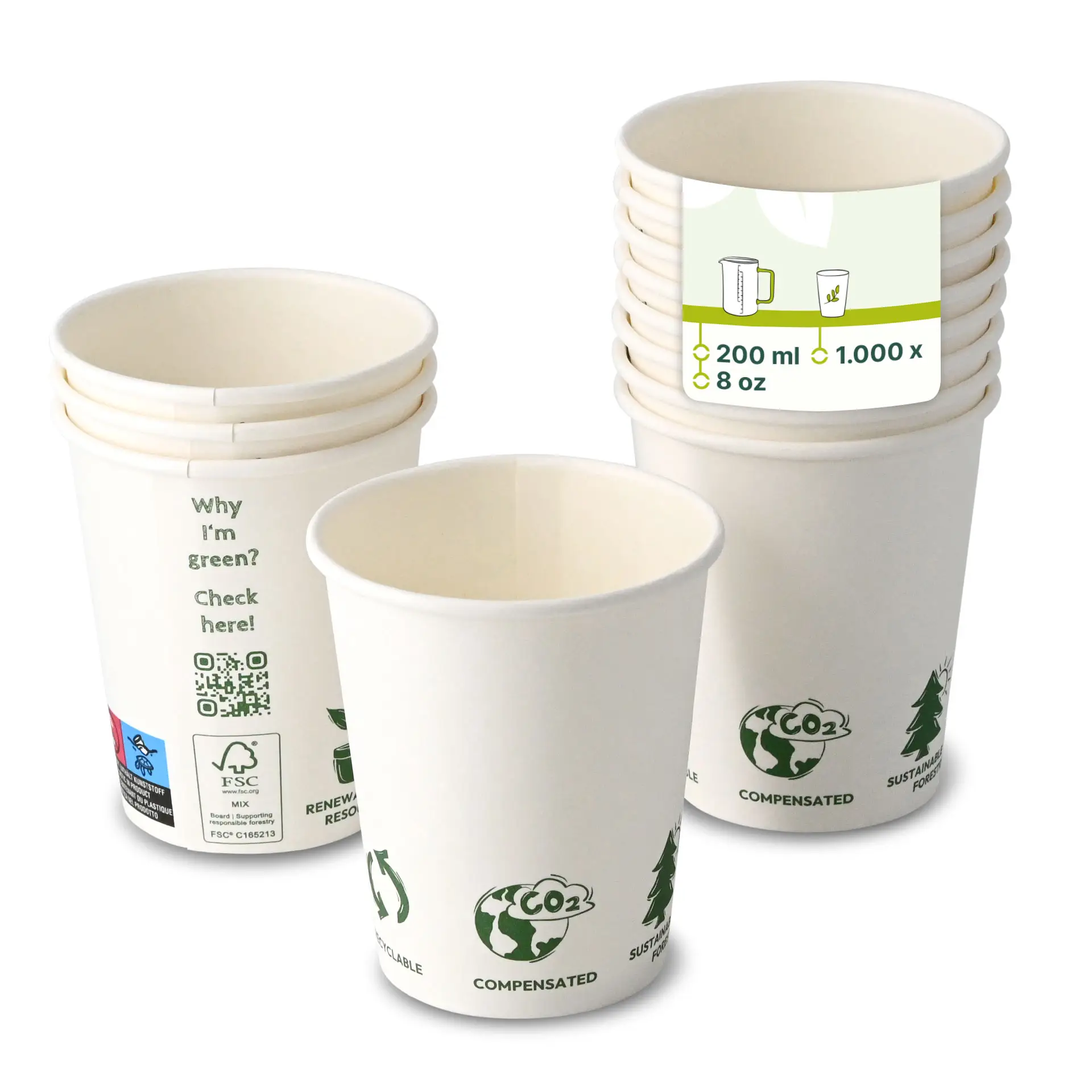 Bicchiere di carta 200 ml / 8 oz, Ø 80 mm, con icone "EcoUp©", monostrato, bianco, con rivestimento in PLA
