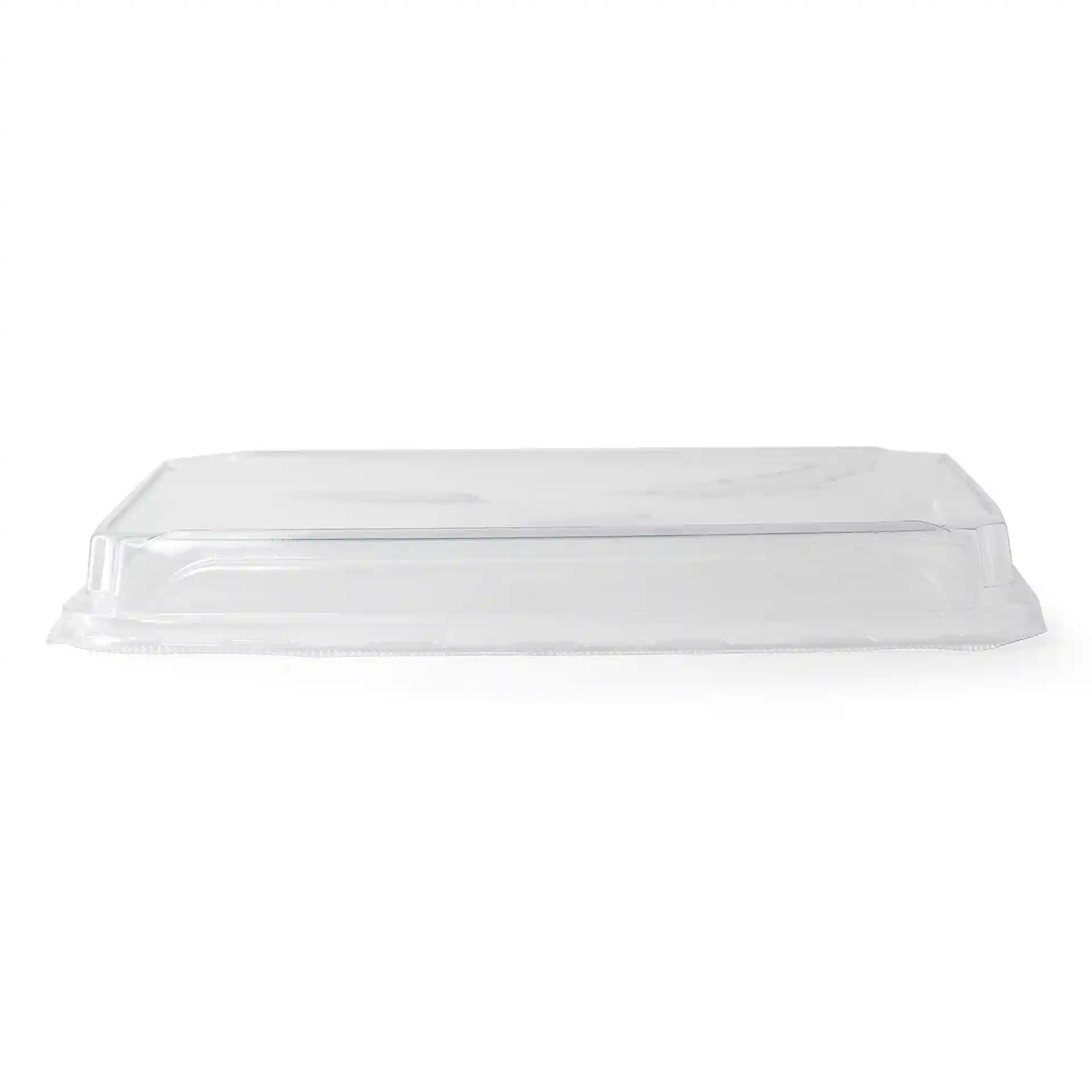 Coperchio in PET trasparente per scatole di sushi, misura 25,5 x 18 x 3 cm, mostrato di lato su uno sfondo semplice.