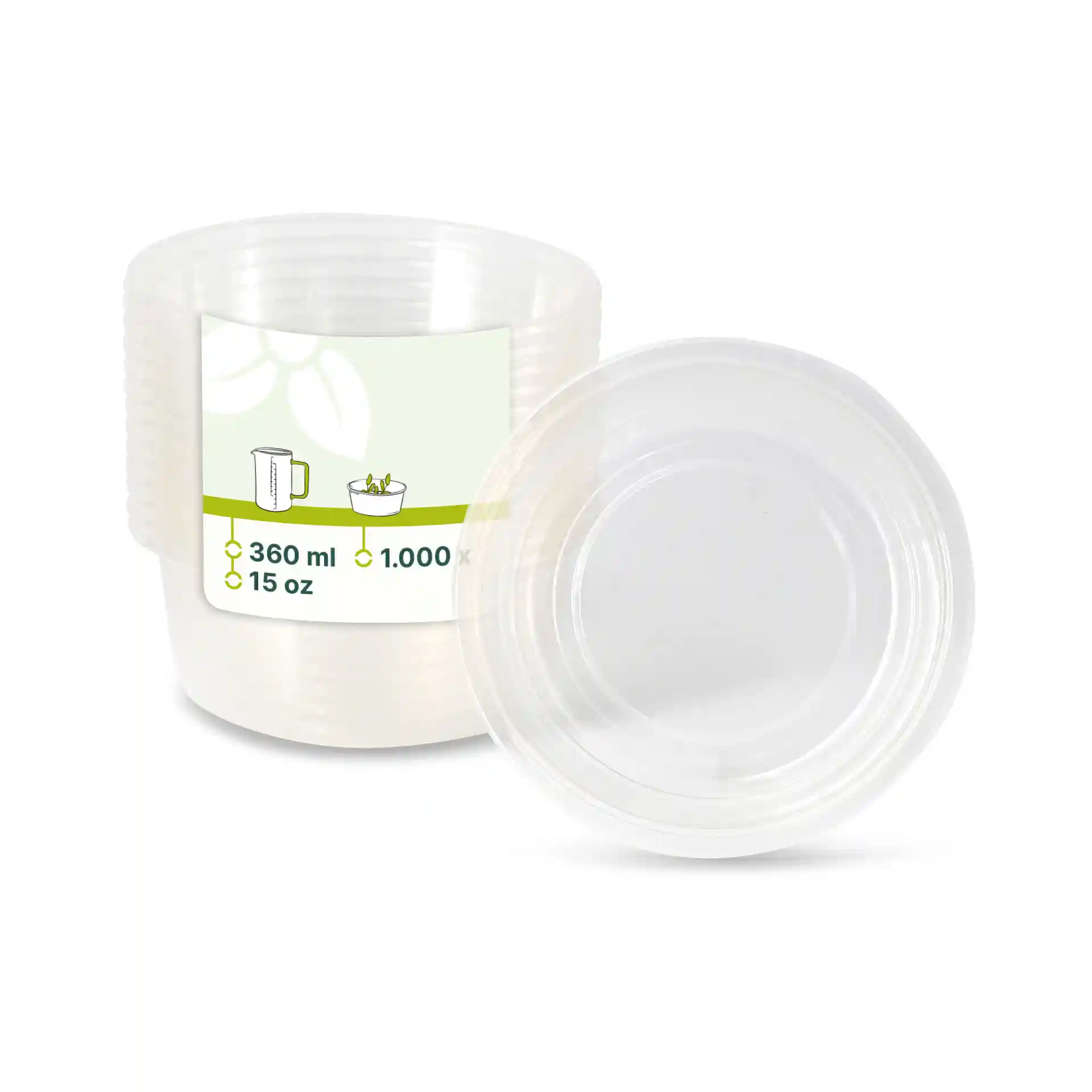 Contenitore rotondo trasparente da 360 ml, con etichetta che mostra misure e illustrazioni.
