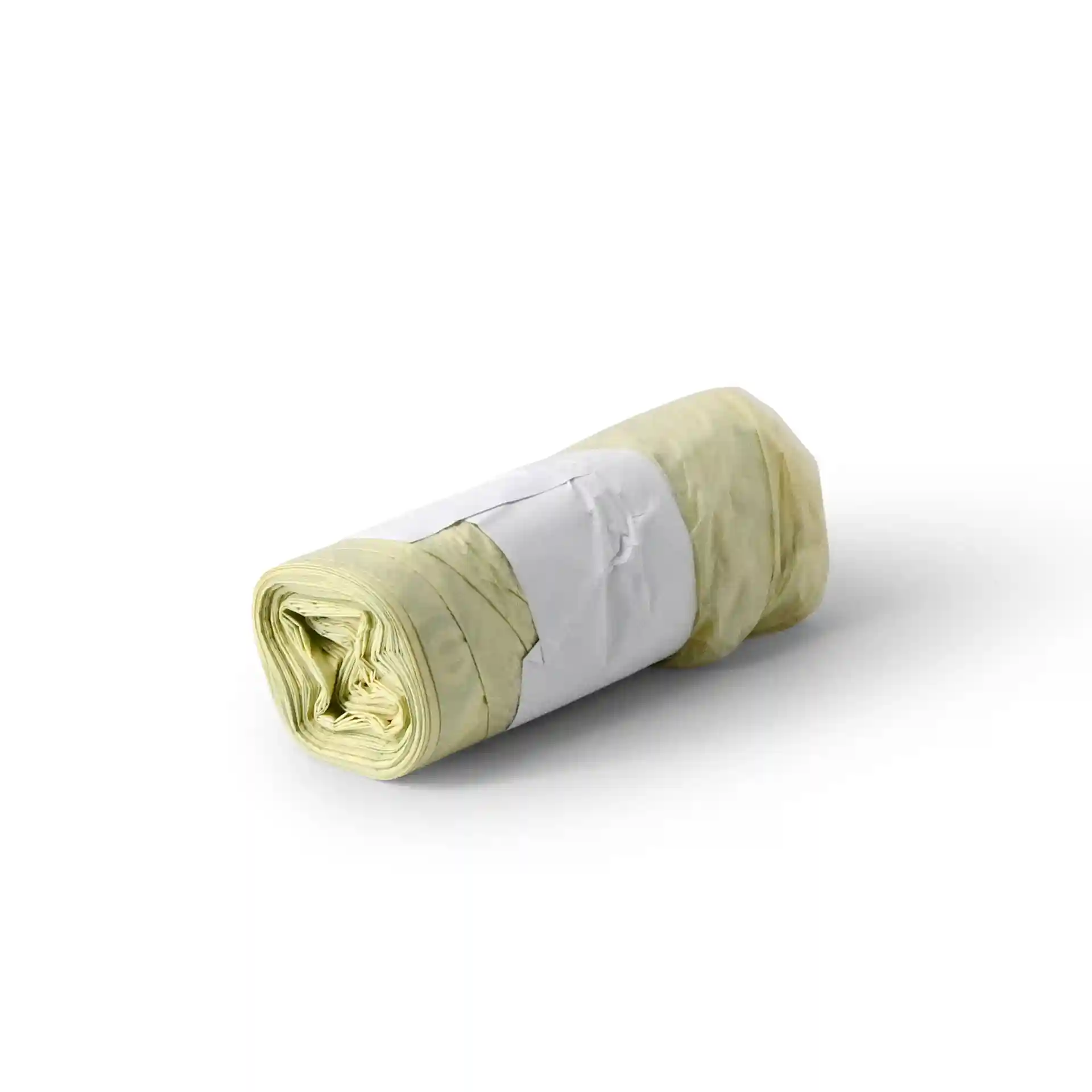 Rullo trasparente di sacchetti per rifiuti bio in PLA, misura 42x42 cm, avvolto in carta bianca.