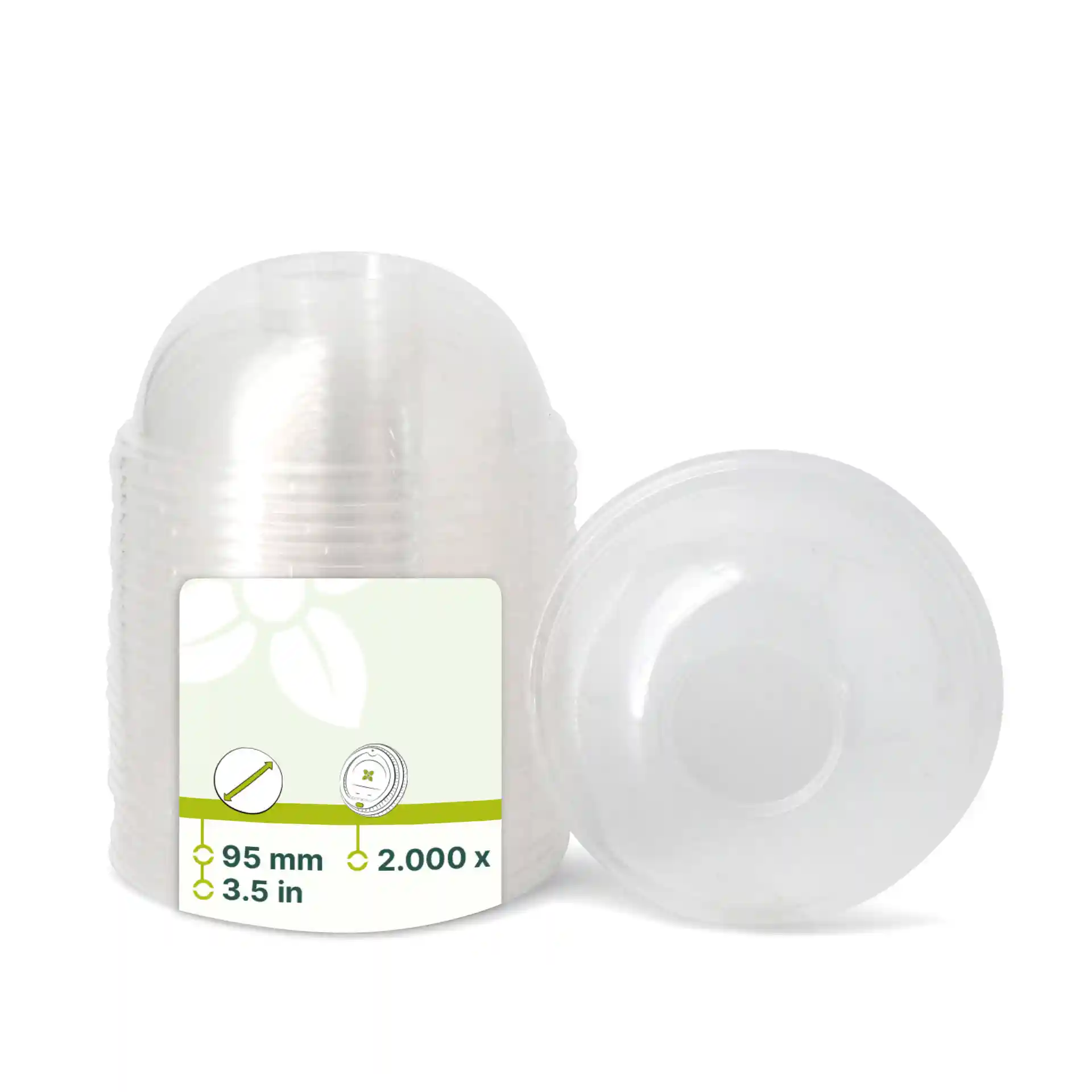 Coperchi a cupola in PLA trasparente con un diametro di 95 mm, impilati con un coperchio accanto.
