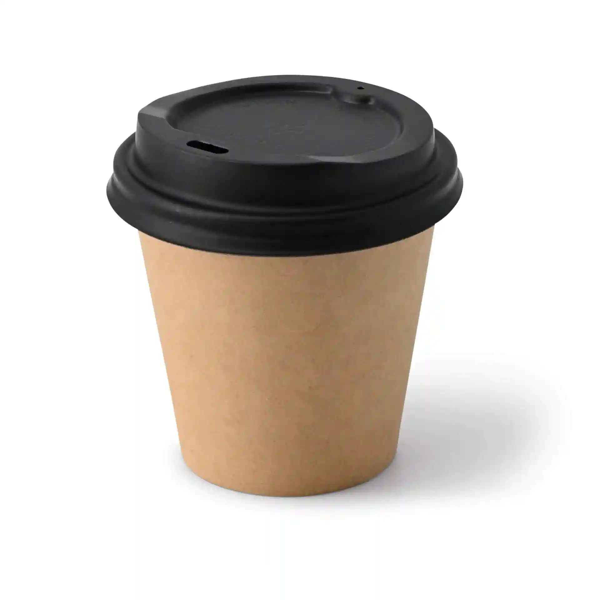 Bicchiere di carta marrone con coperchio nero, capacità di 6 oz, forma rotonda.