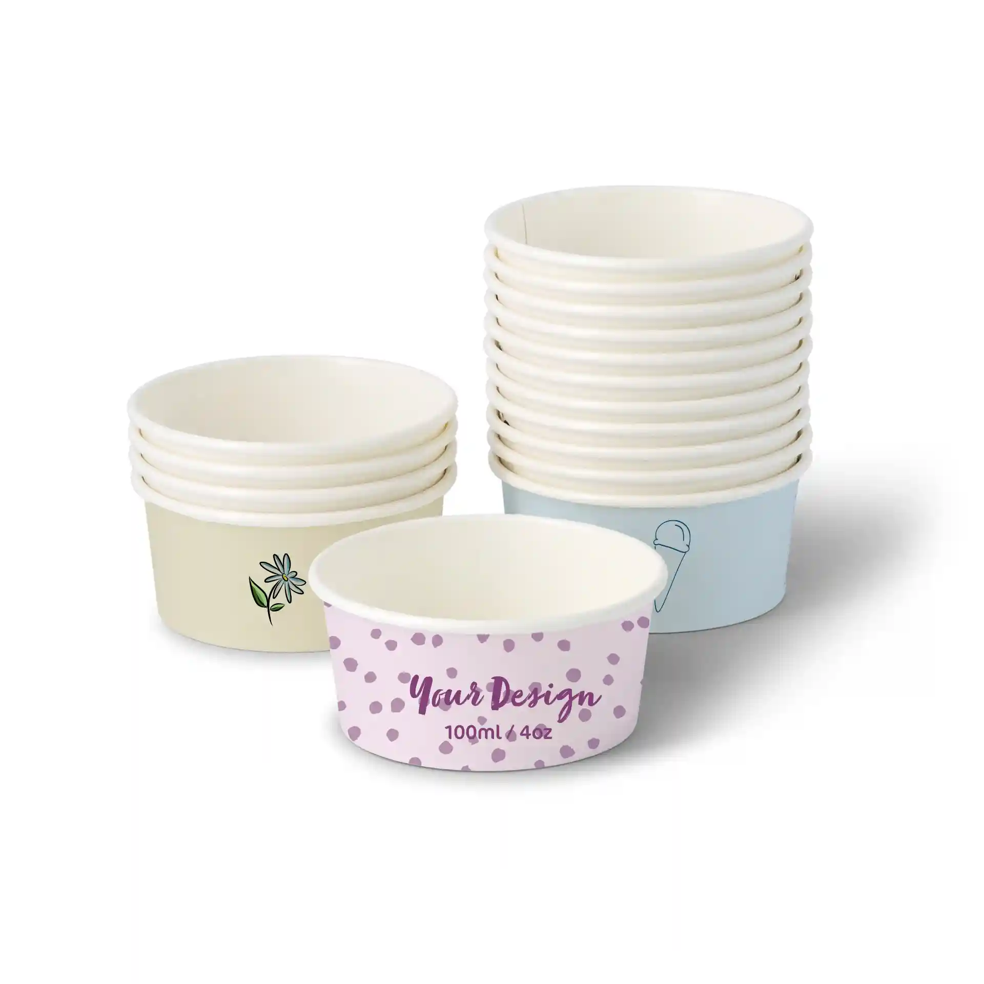 Coppette di cartone rotonde per gelato bianche, con un design a pois e un fiore, impilate con diverse coppette dietro.