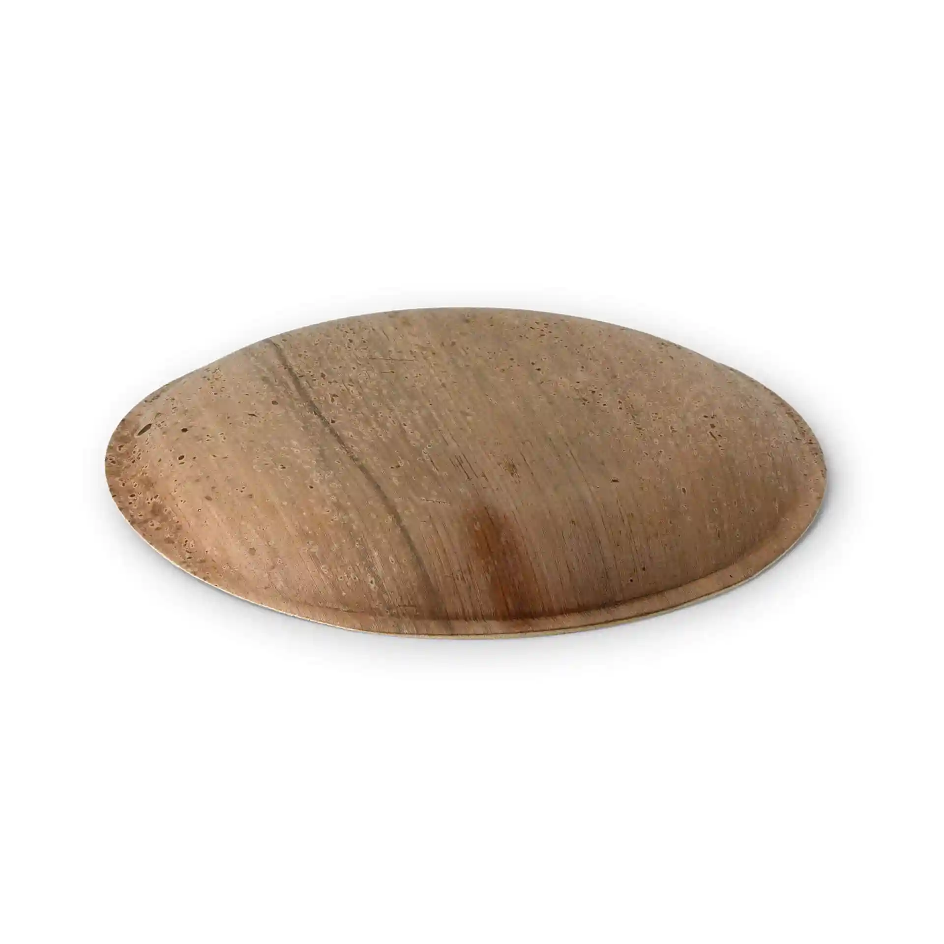 Piatto rotondo in foglia di palma con un diametro di 23 cm, caratterizzato da una texture a grana naturale su una superficie piatta.