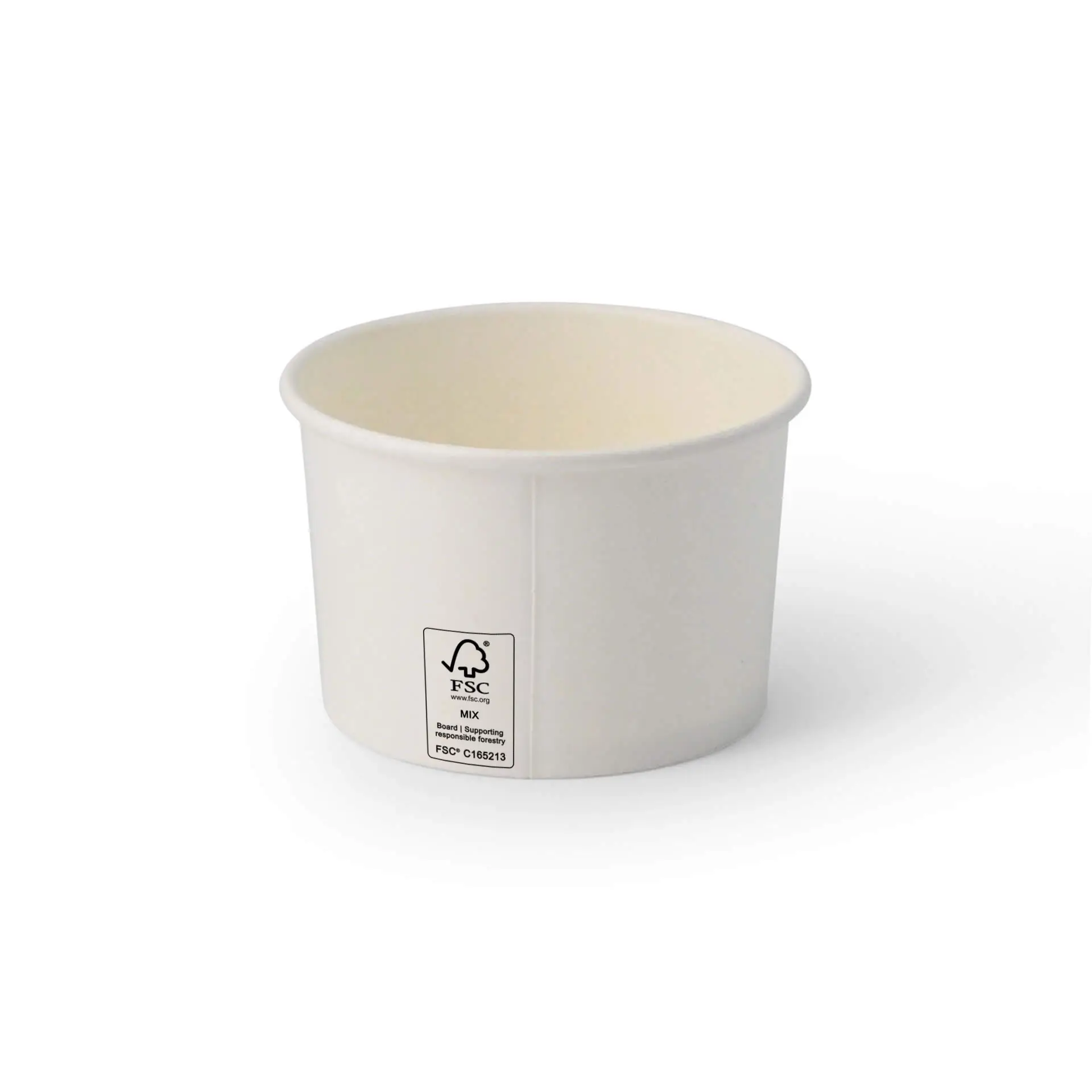 Coppa di gelato in carta bianca con rivestimento in PE, capacità di 8 oz, con marchio FSC sul lato.
